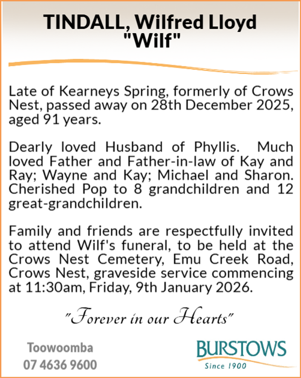 Funeral notice for Wilfred Lloyd Tindall