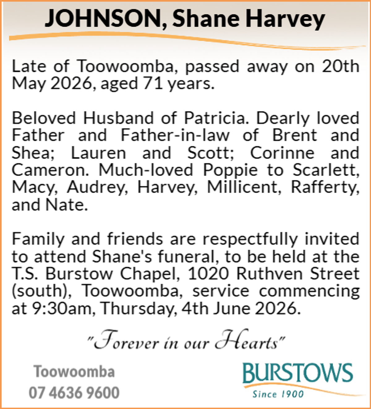 Funeral notice for Shane Harvey Johnson