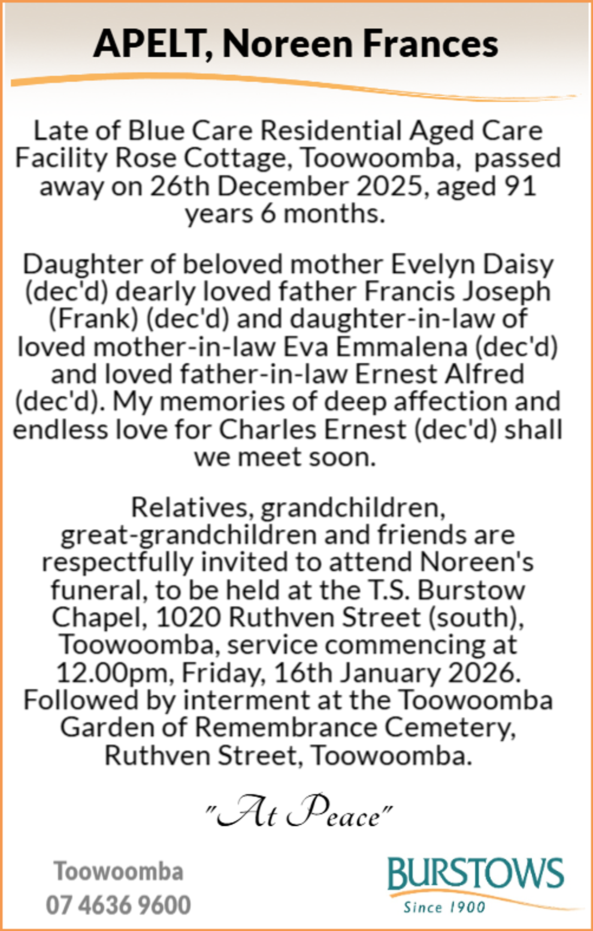 Funeral notice for Noreen Frances Apelt