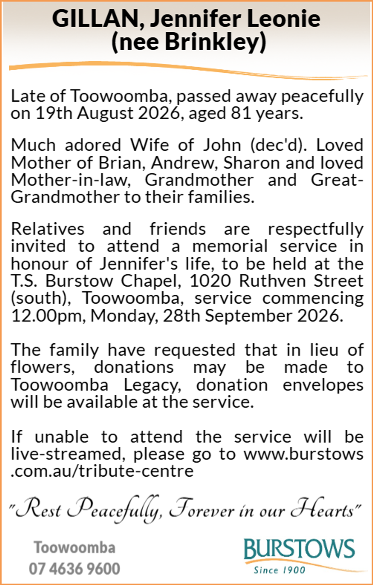 Funeral notice for Jennifer Leonie Gillan