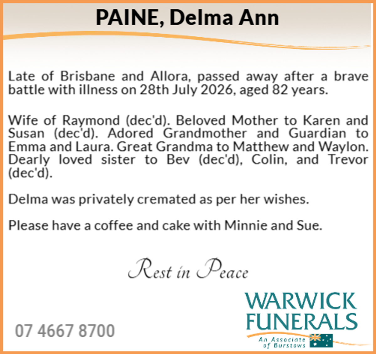 Funeral notice for Delma Ann Paine
