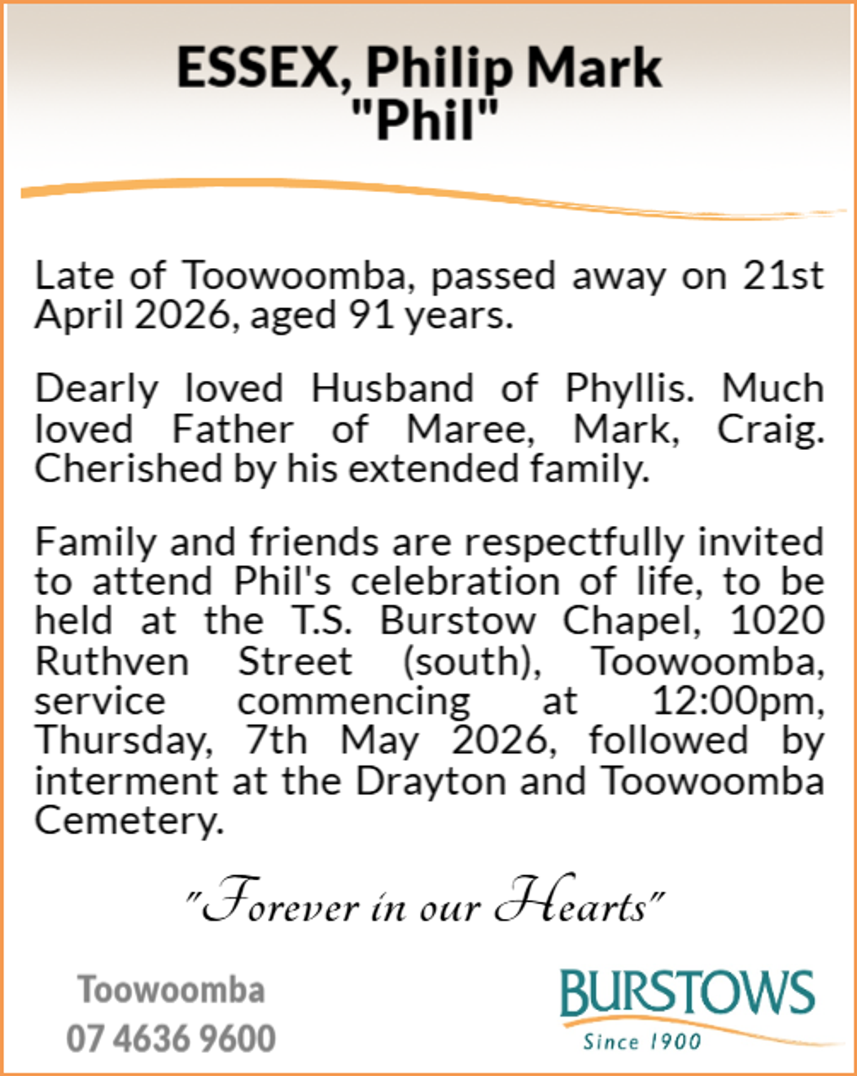 Funeral notice for Philip Mark Essex