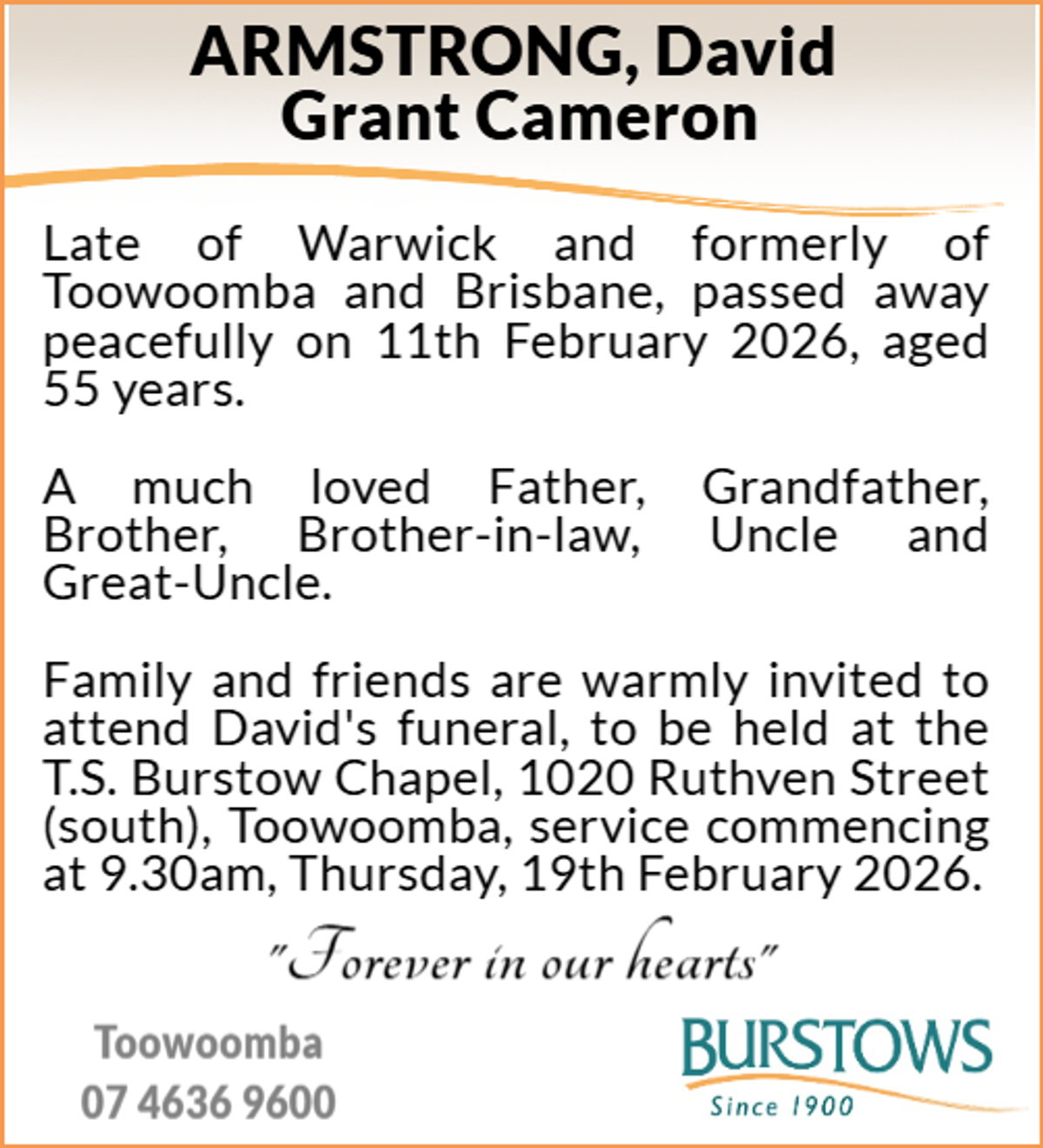 Funeral notice for David Grant Cameron Armstrong