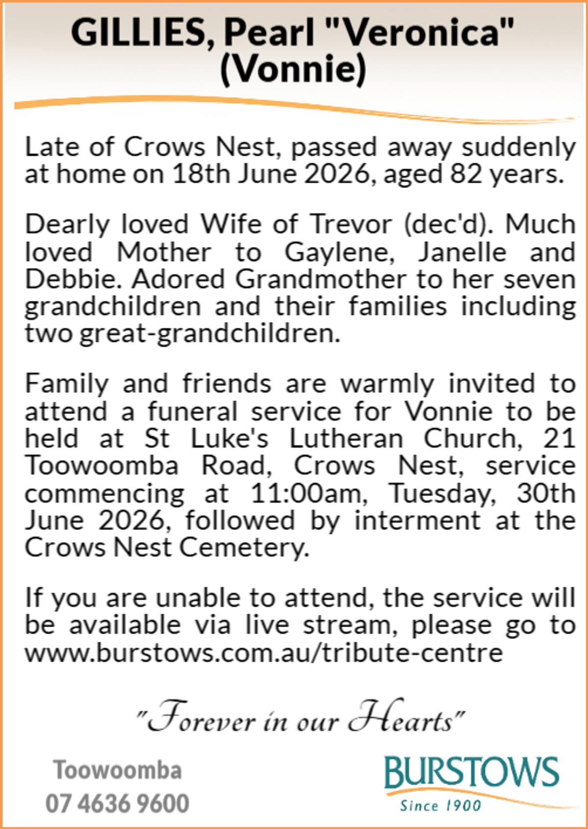 Funeral notice for Pearl Veronica Gillies