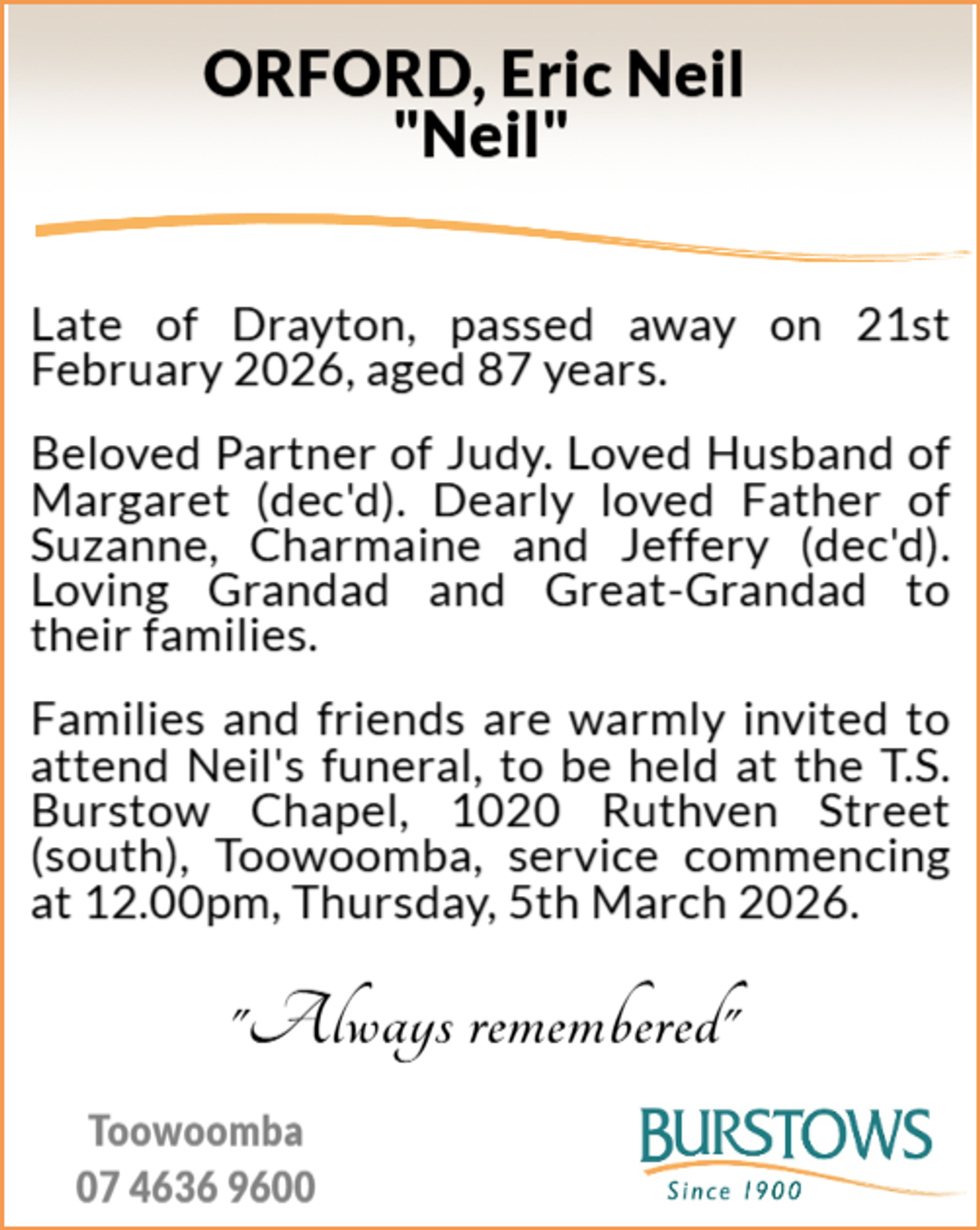 Funeral notice for Eric Neil Orford