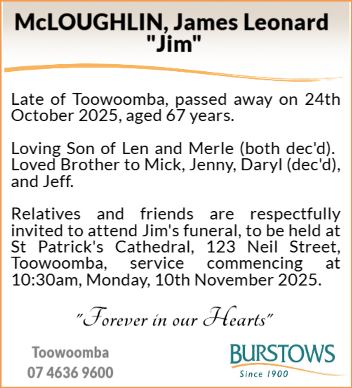 Funeral notice for James Leonard McLoughlin
