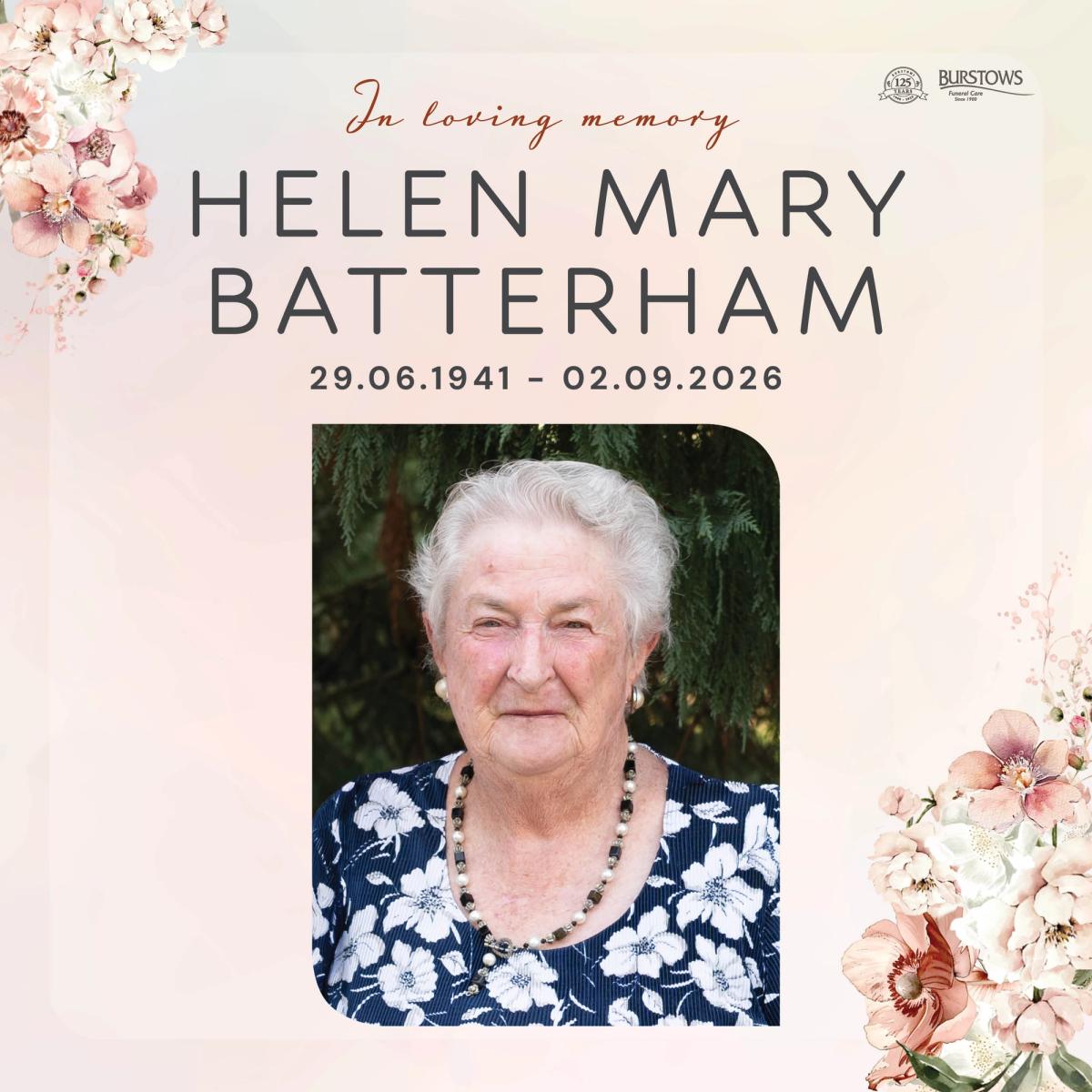 Funeral notice for Helen Mary Batterham