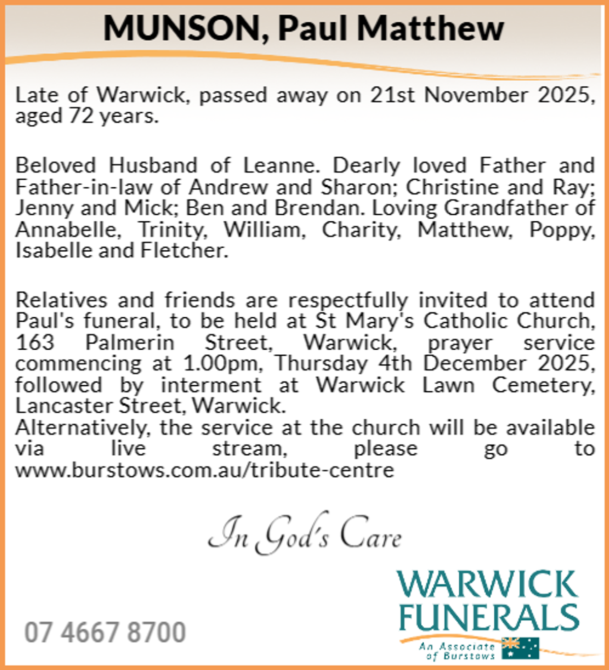 Funeral notice for Paul Andrew Munson