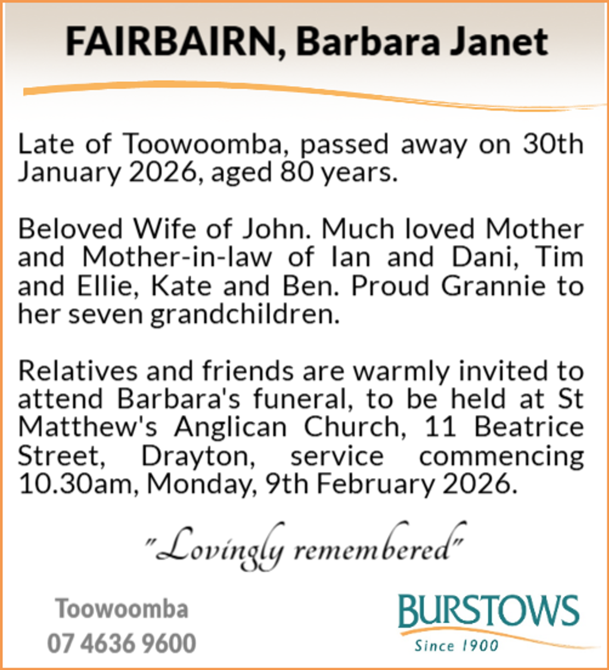 Funeral notice for Barbara Janet Fairbairn