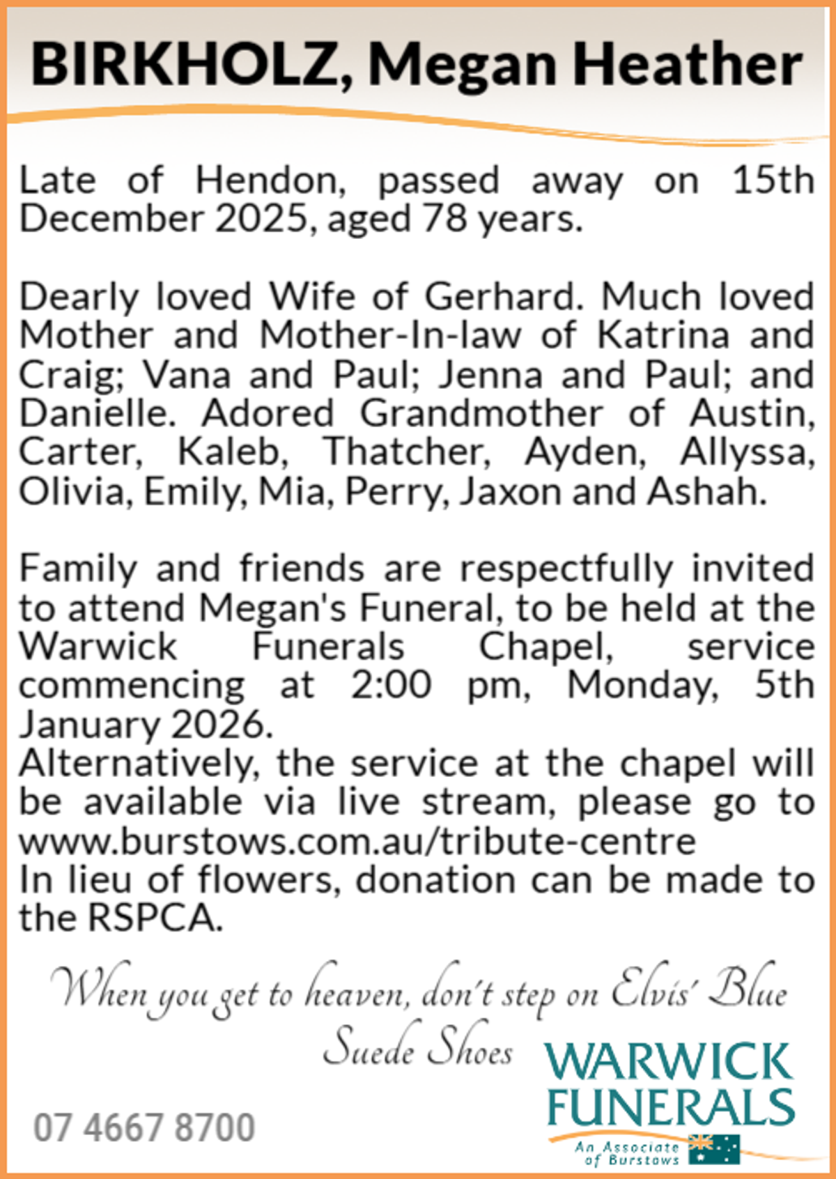 Funeral notice for Megan Heather Birkholz