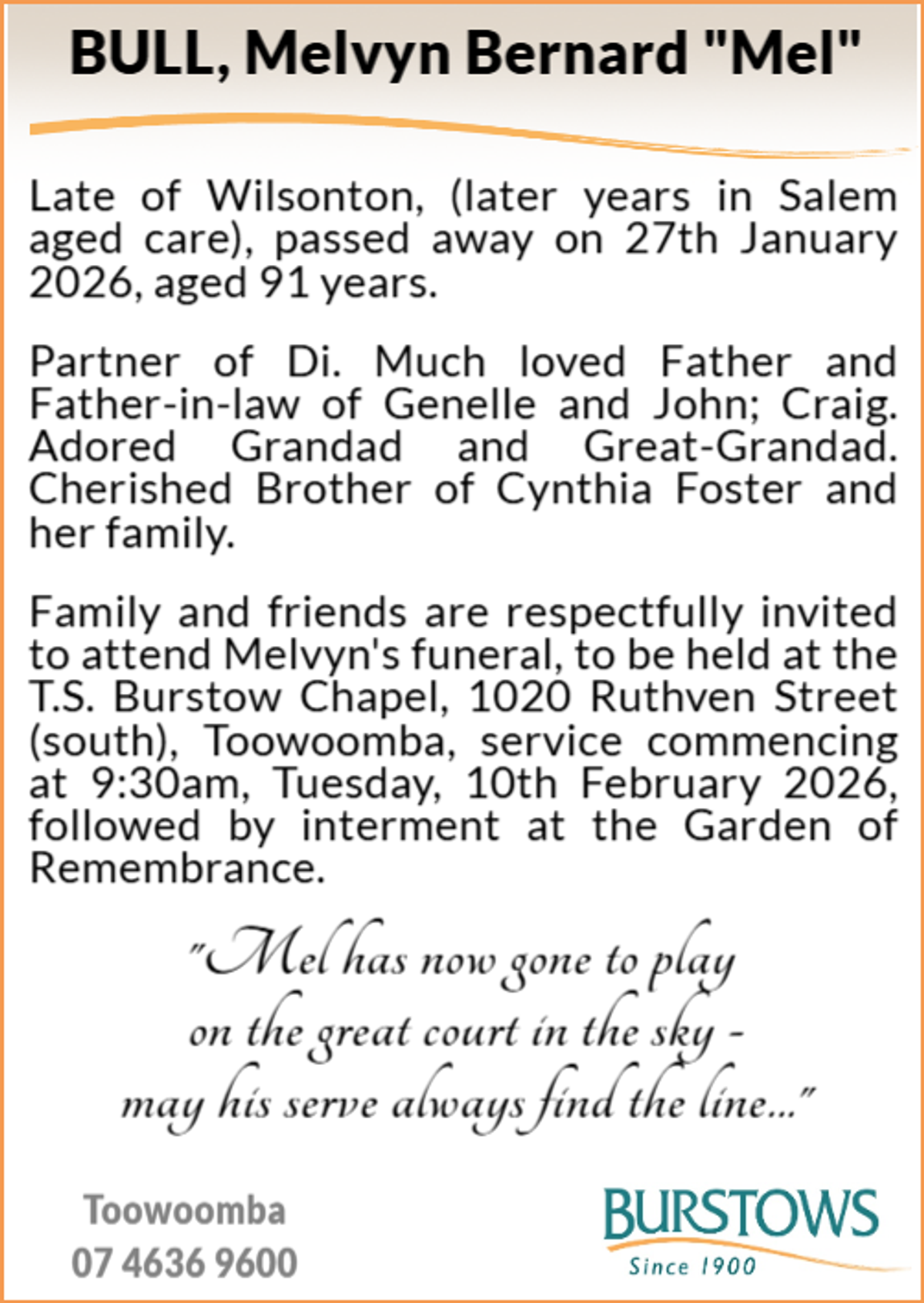 Funeral notice for Melvyn Bernard Bull