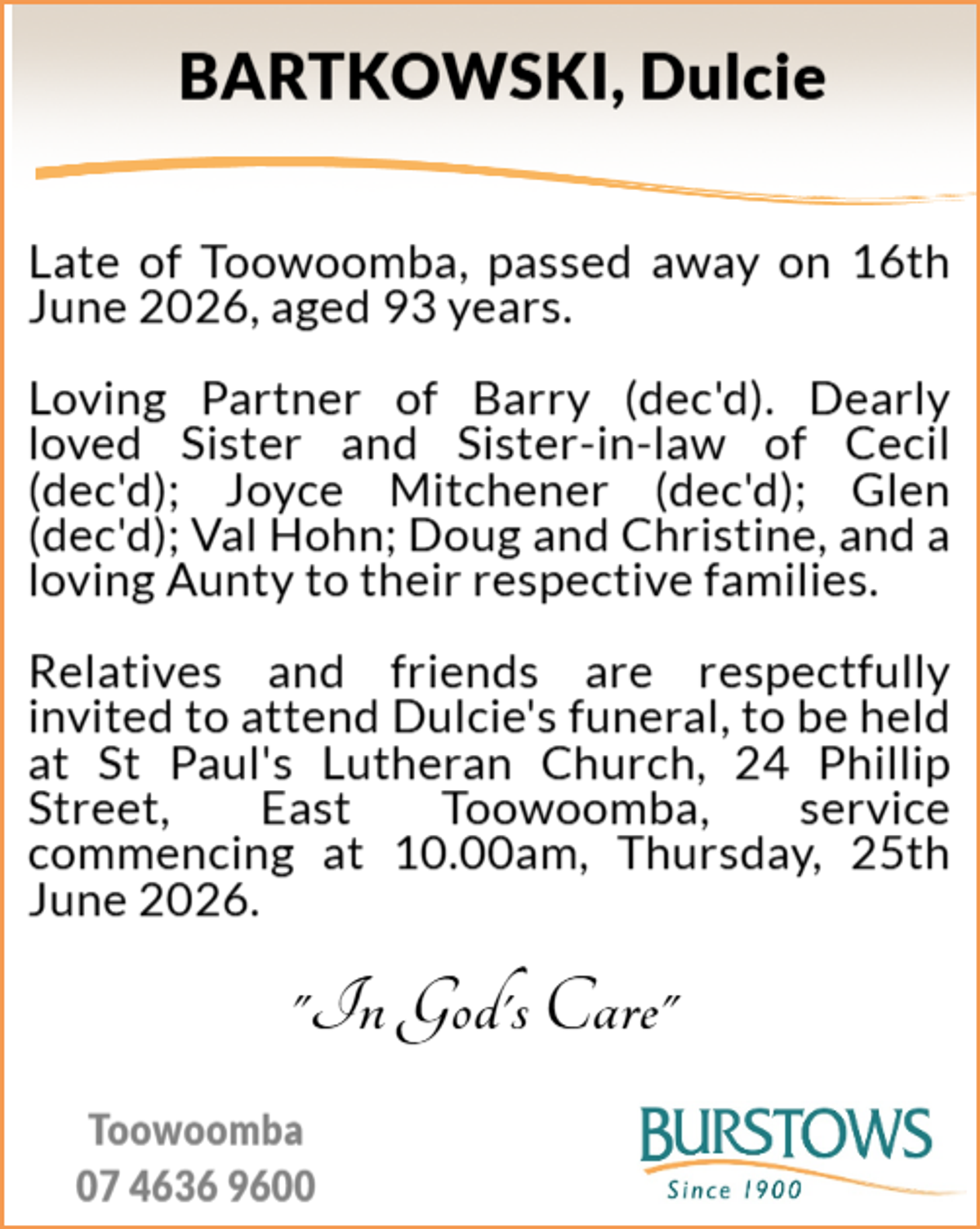 Funeral notice for Dulcie Bartkowski