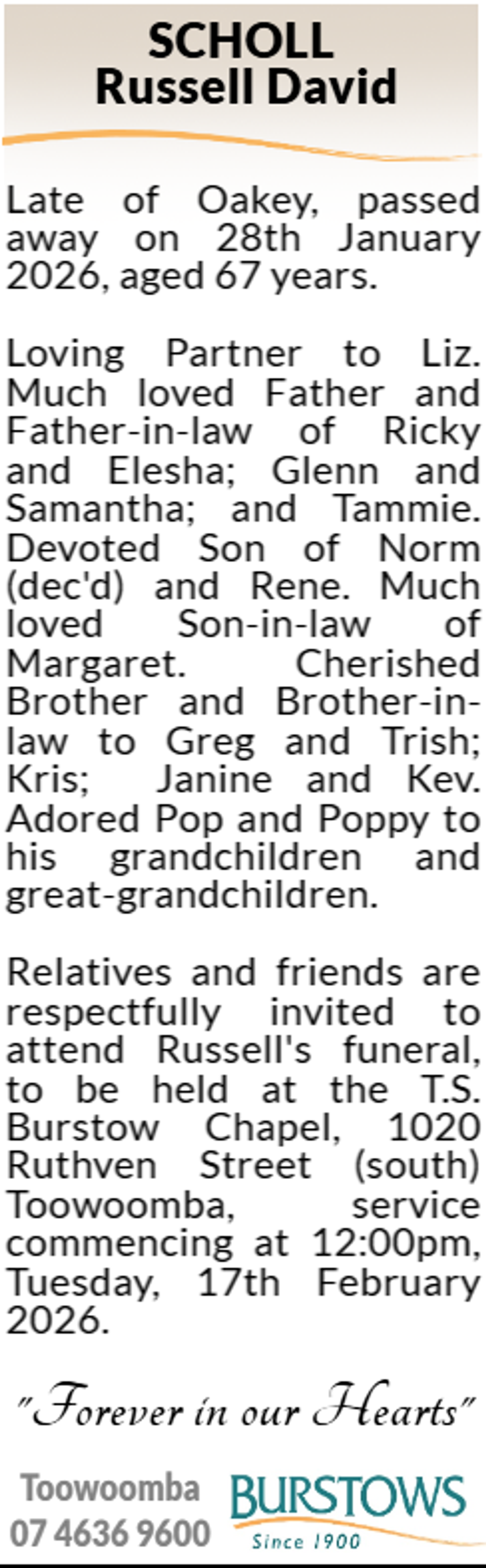 Funeral notice for Russell David Scholl