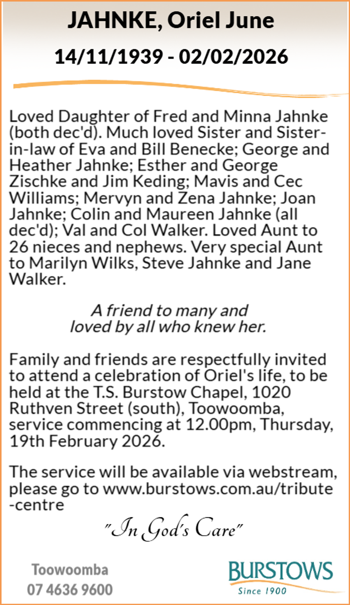 Funeral notice for Oriel June Jahnke