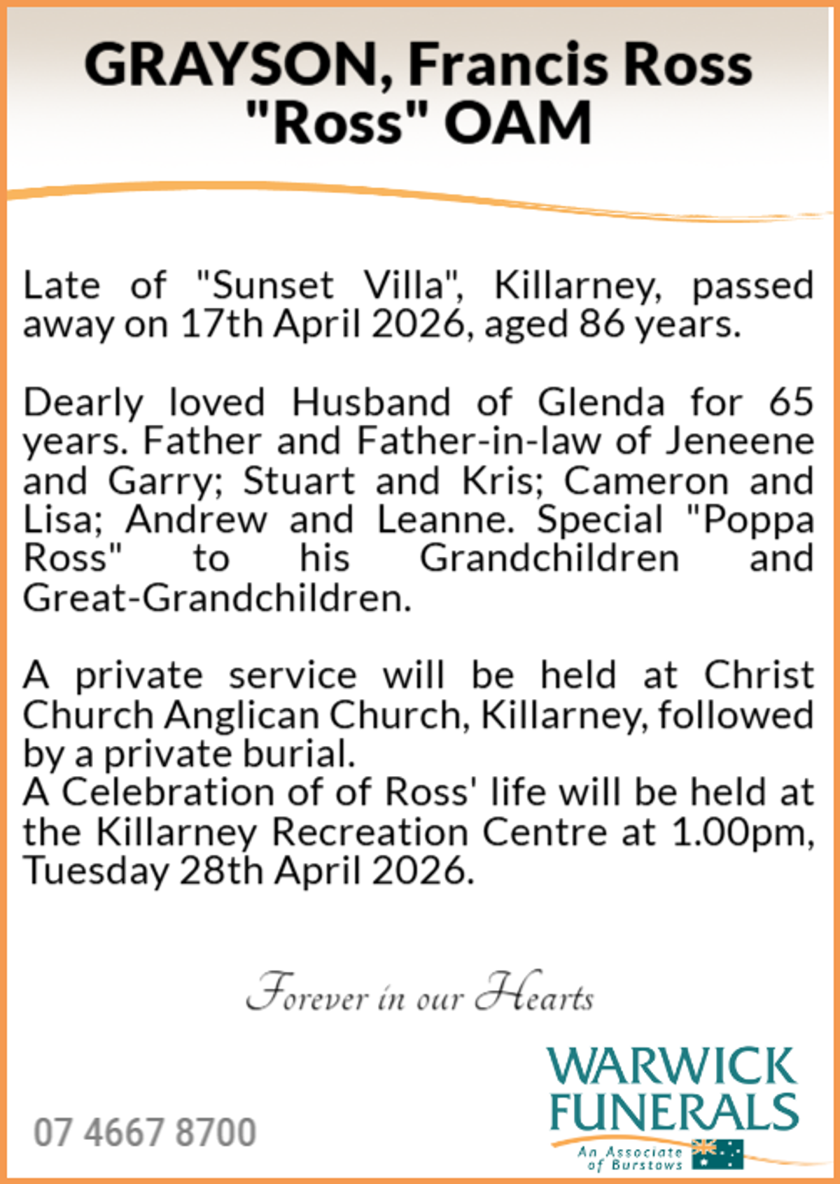 Funeral notice for Francis Ross Grayson