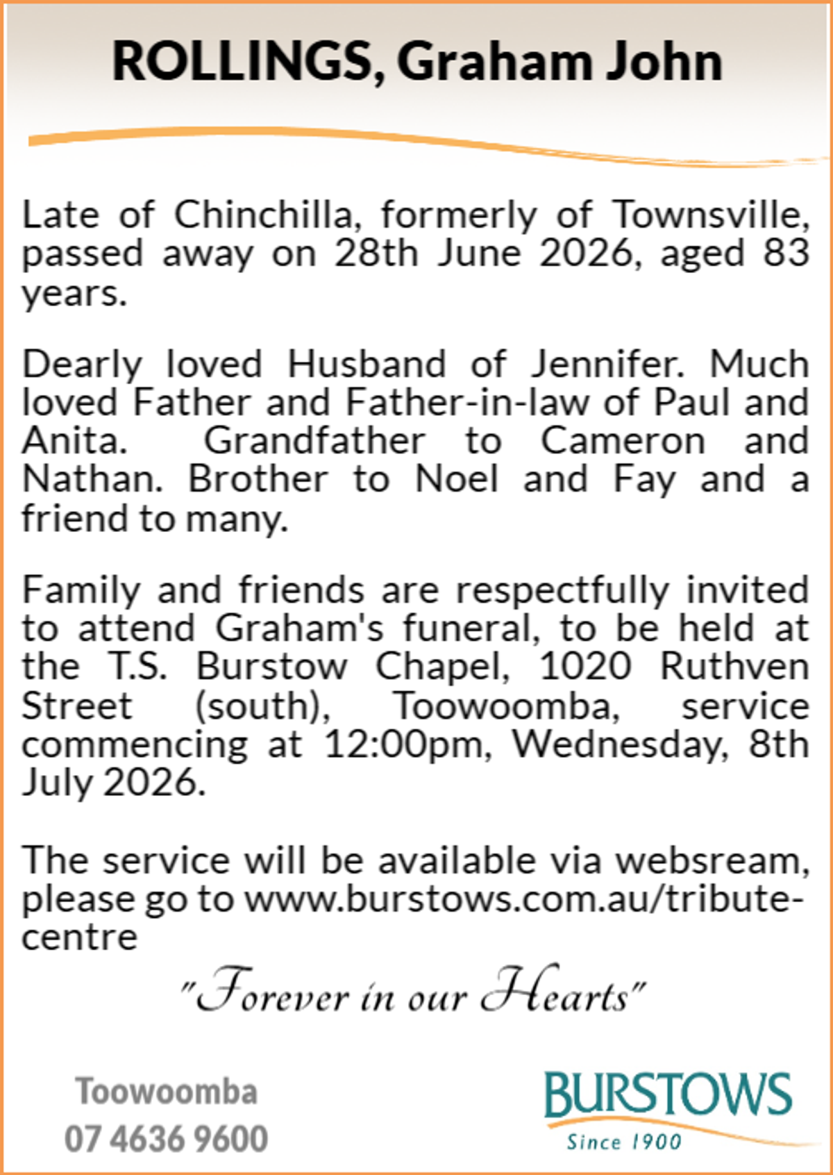 Funeral notice for Graham John Rollings
