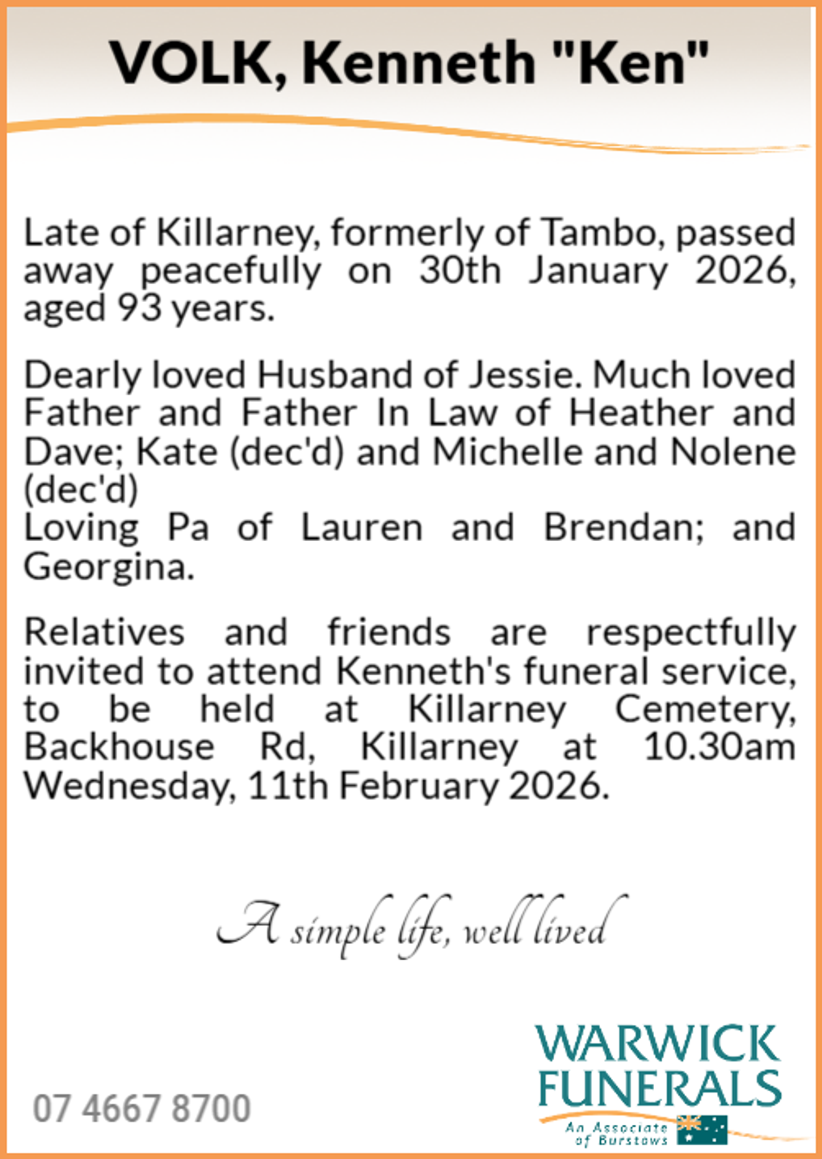 Funeral notice for Kenneth Volk