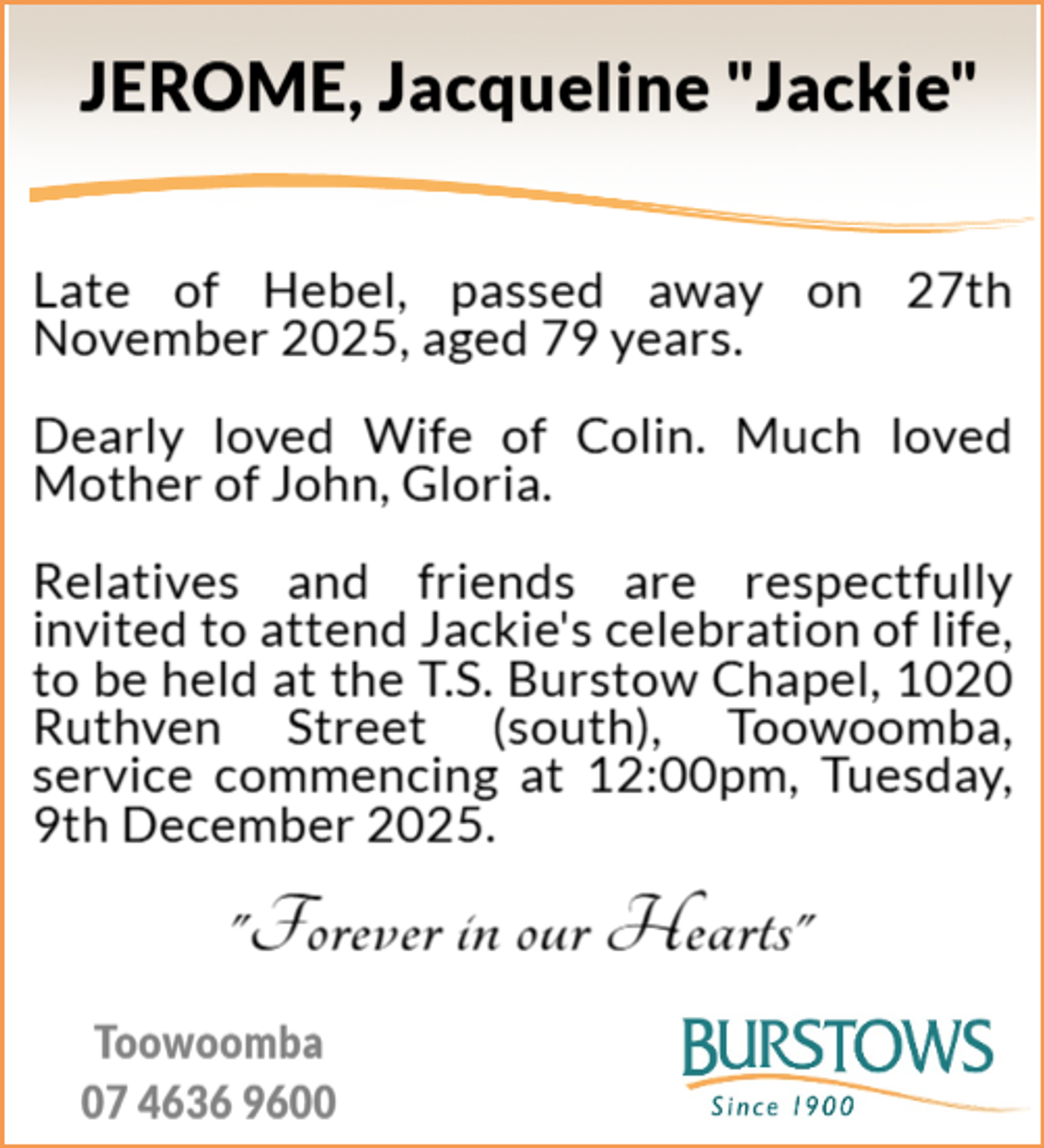 Funeral notice for Jacqueline Jerome