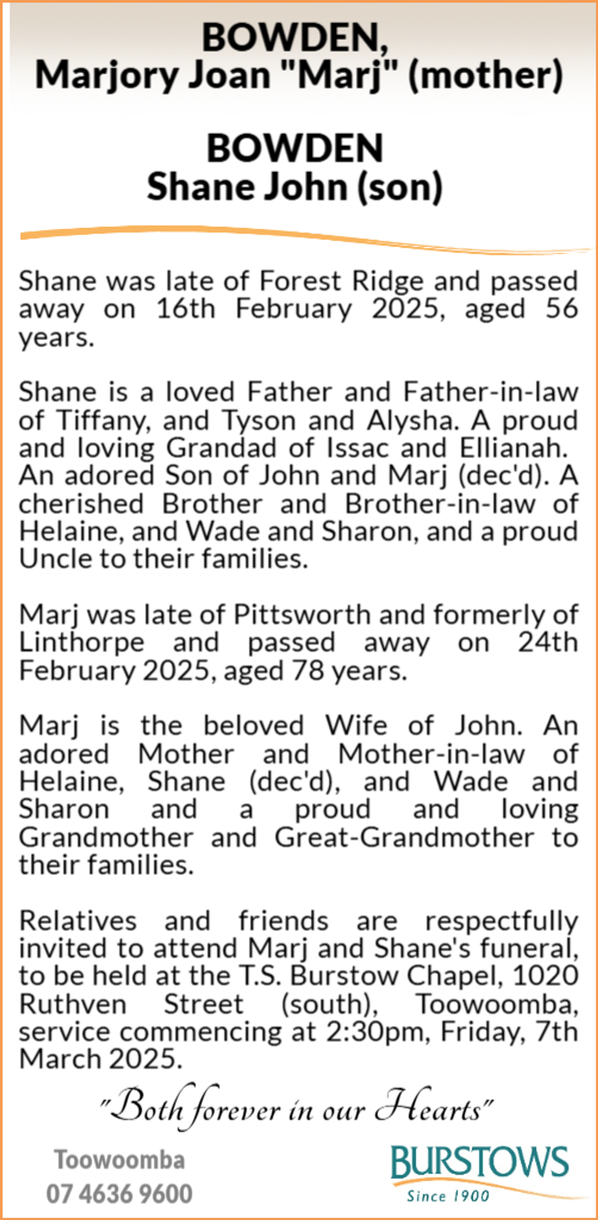 Funeral notice for Marjory and Shane Bowden