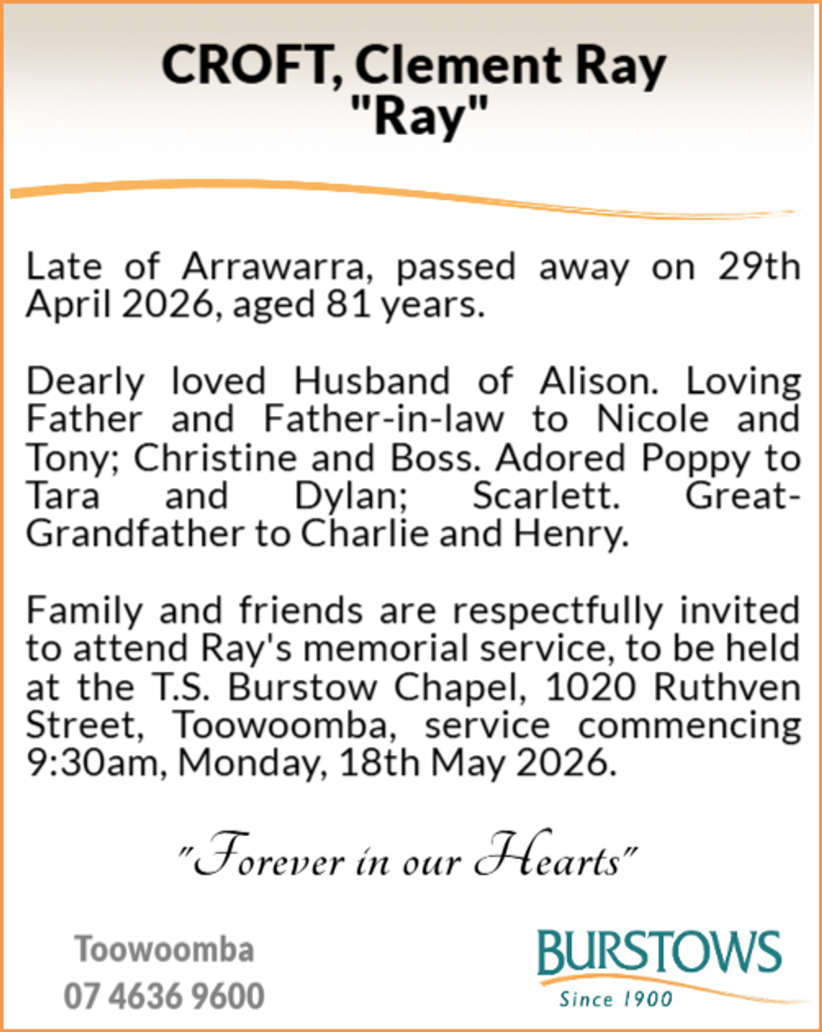 Funeral notice for Clement Ray Croft
