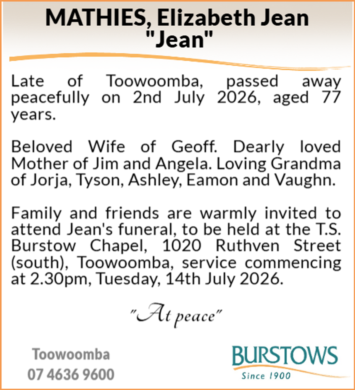 Funeral notice for Jean Mathies