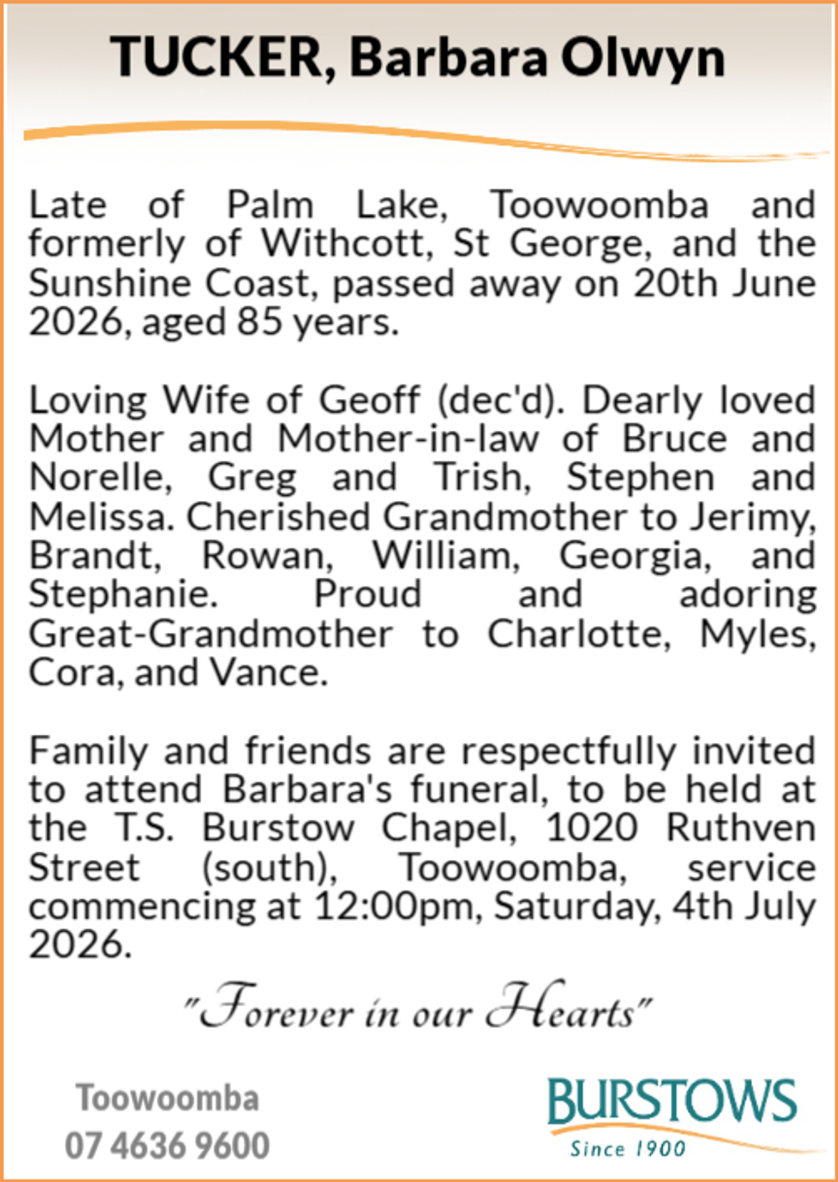 Funeral notice for Barbara Olwyn Tucker