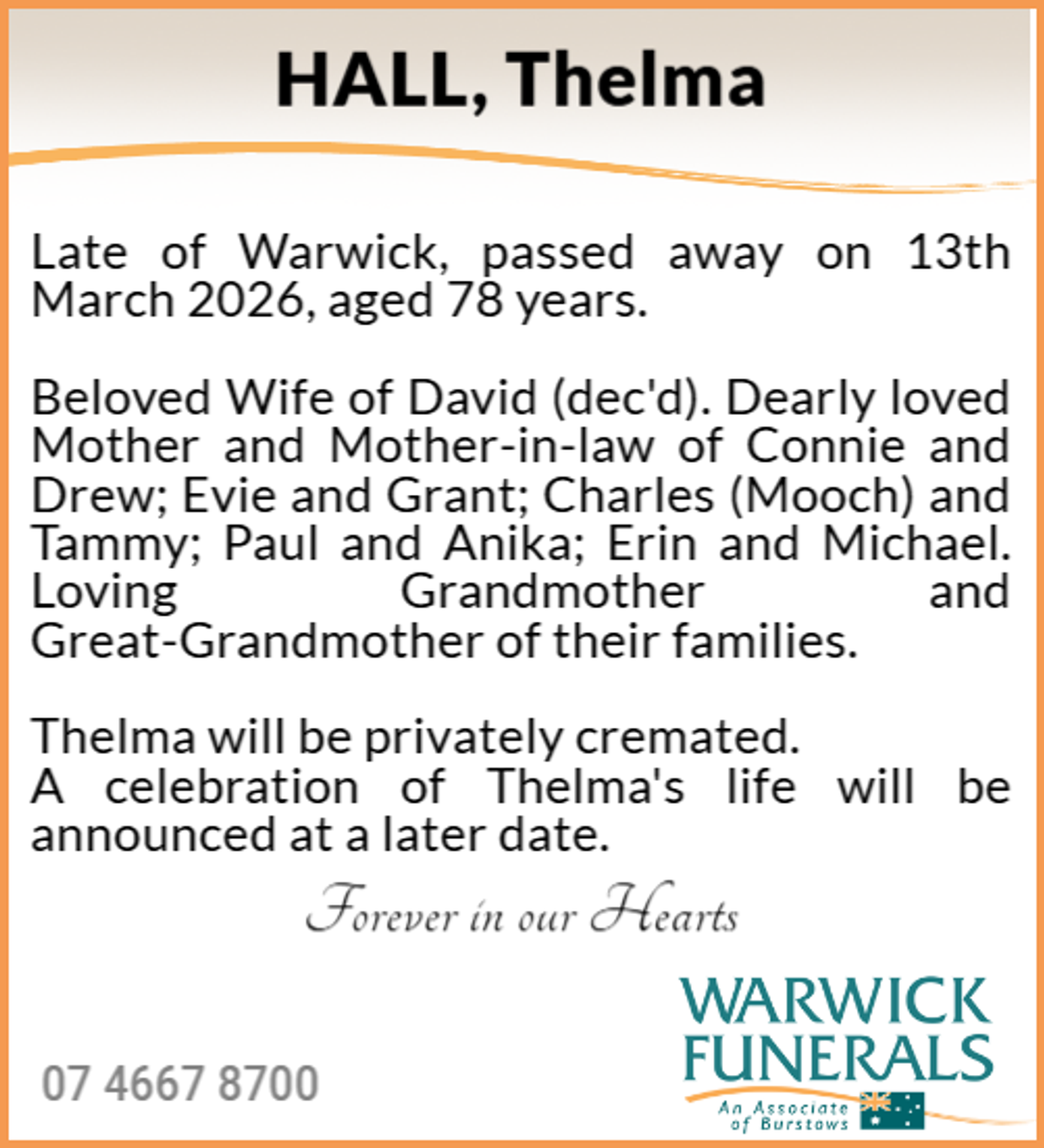 Funeral notice for Thelma Hall