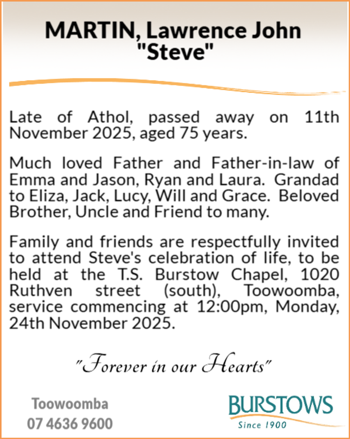 Funeral notice for Lawrence John Martin