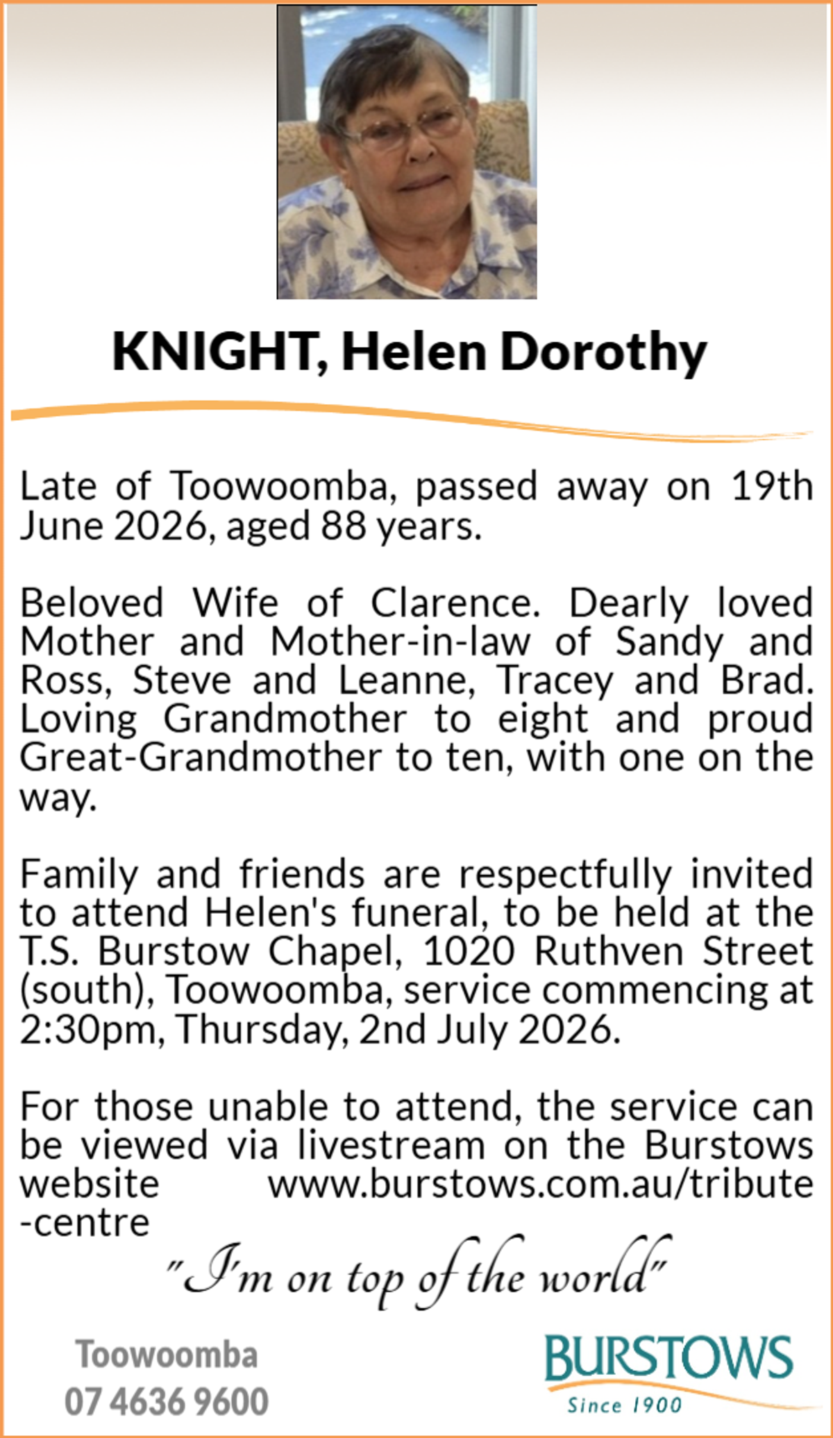 Funeral notice for Helen Dorothy Knight
