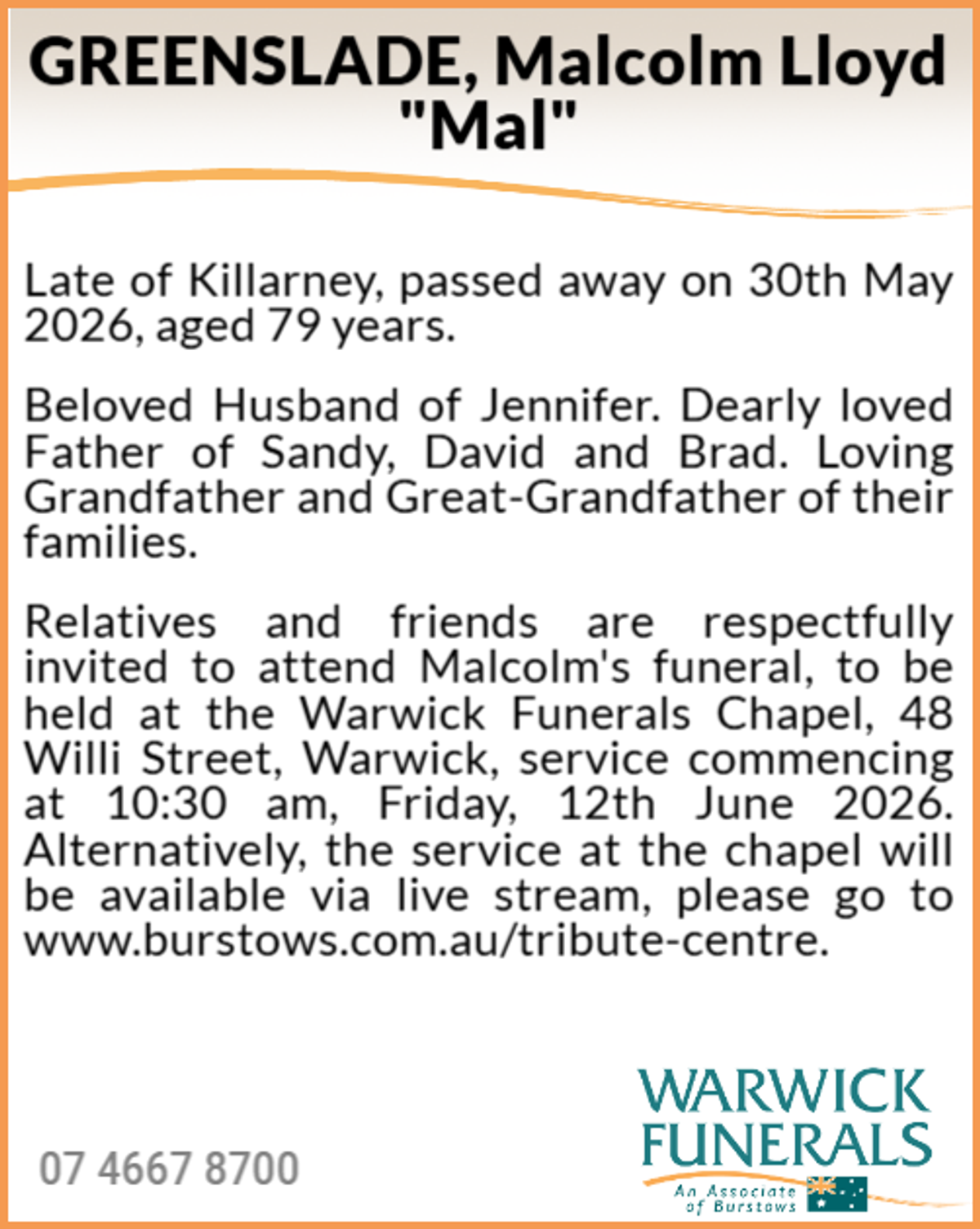 Funeral notice for Malcolm Lloyd Greenslade