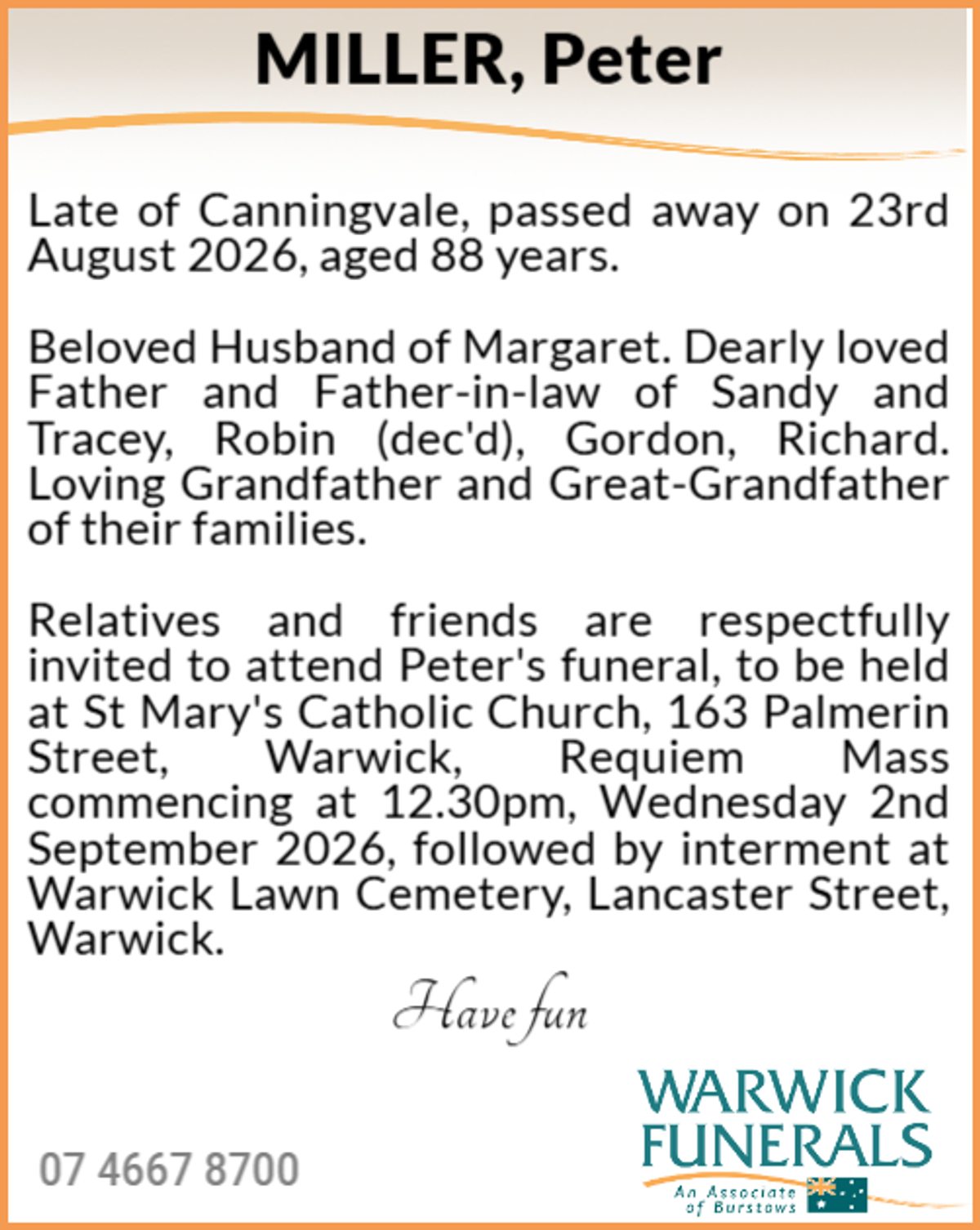 Funeral notice for Peter Miller