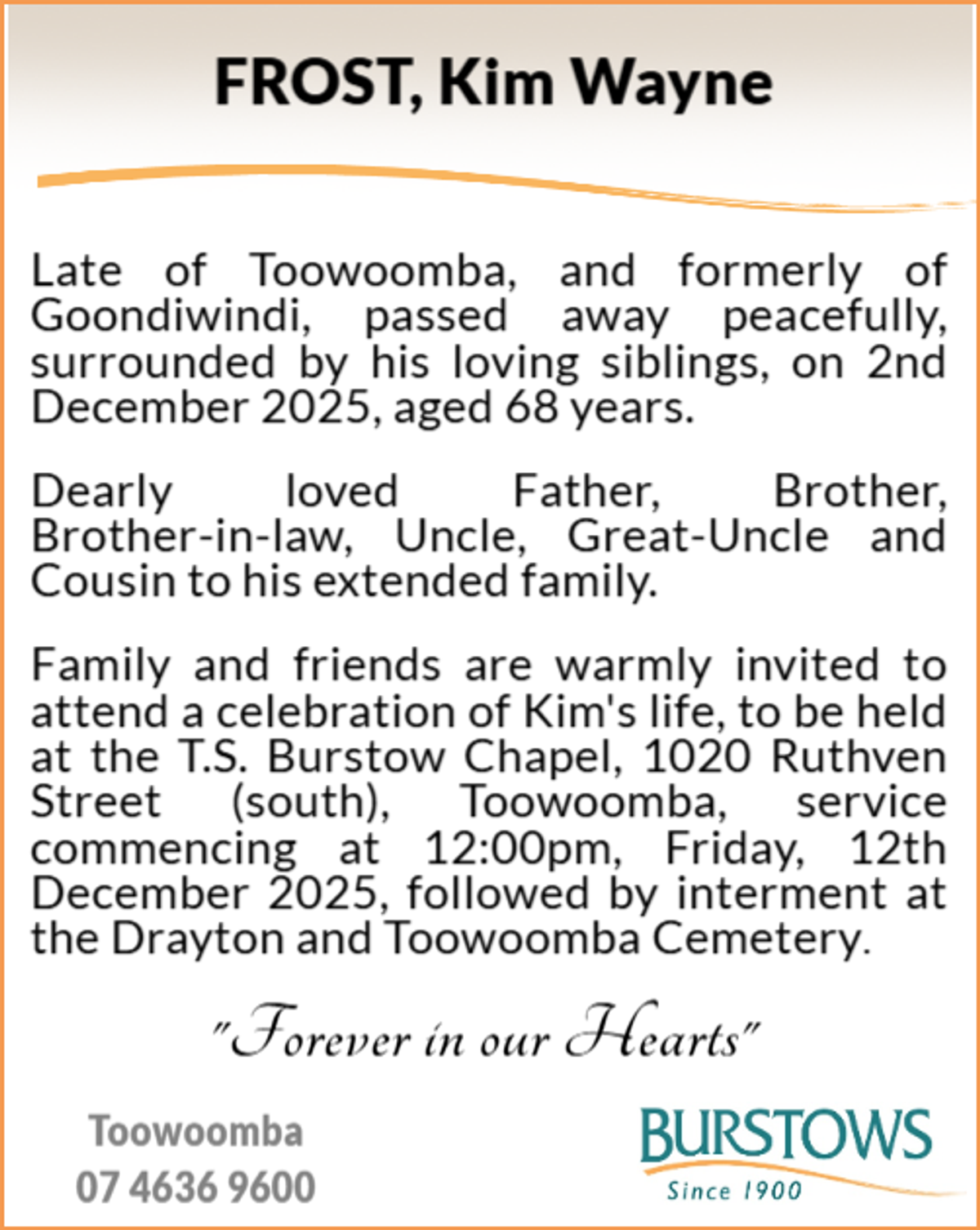Funeral notice for Kim Wayne Frost