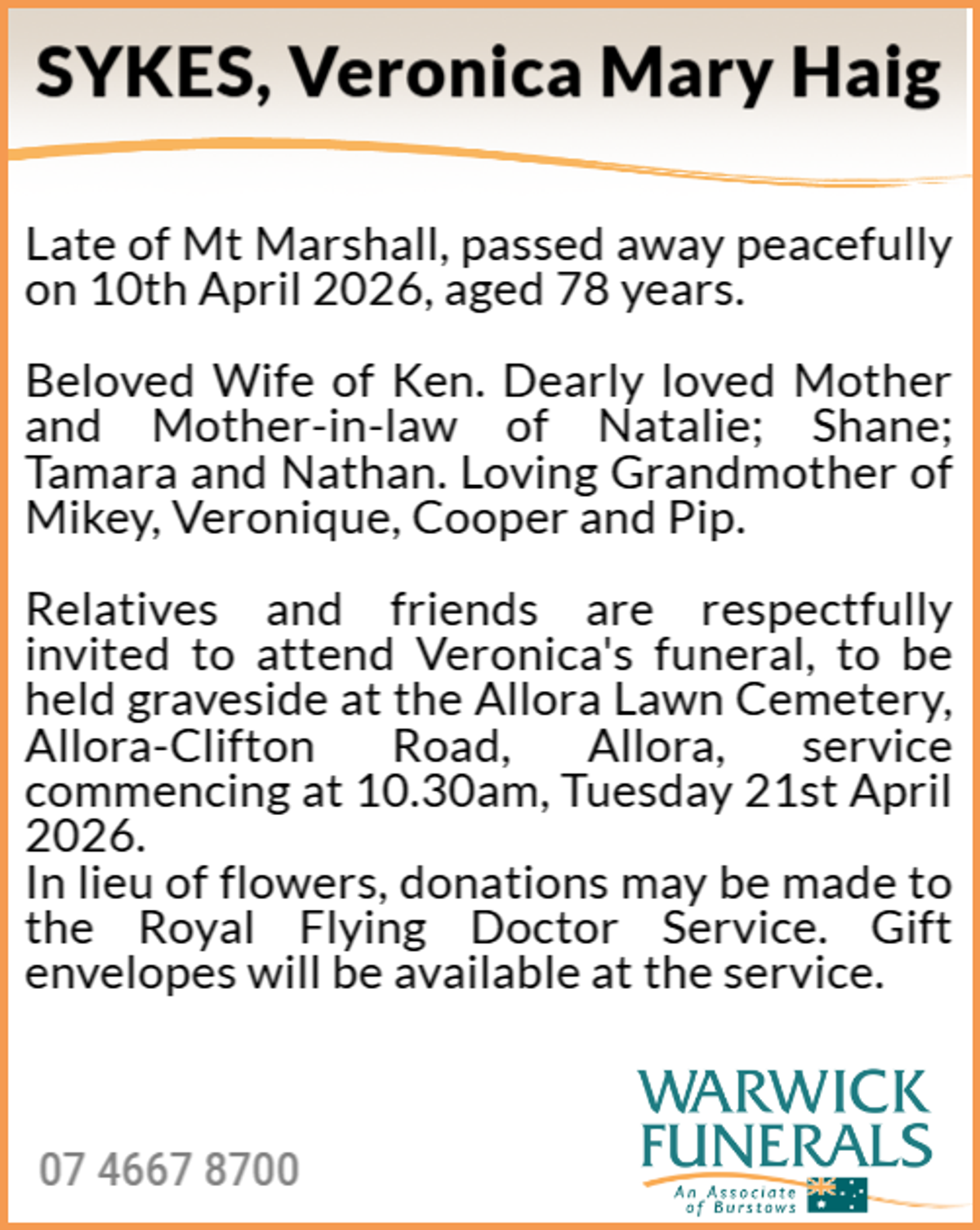 Funeral notice for Veronica Mary Haig Sykes