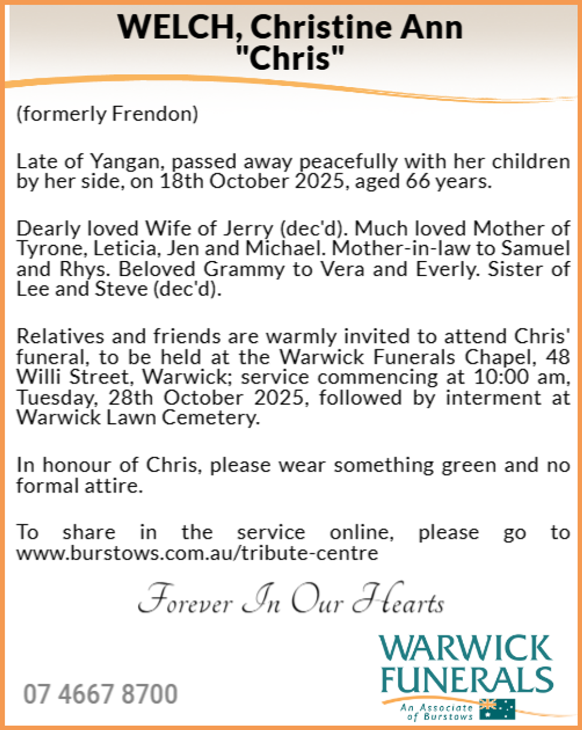 Funeral notice for Christine Welch