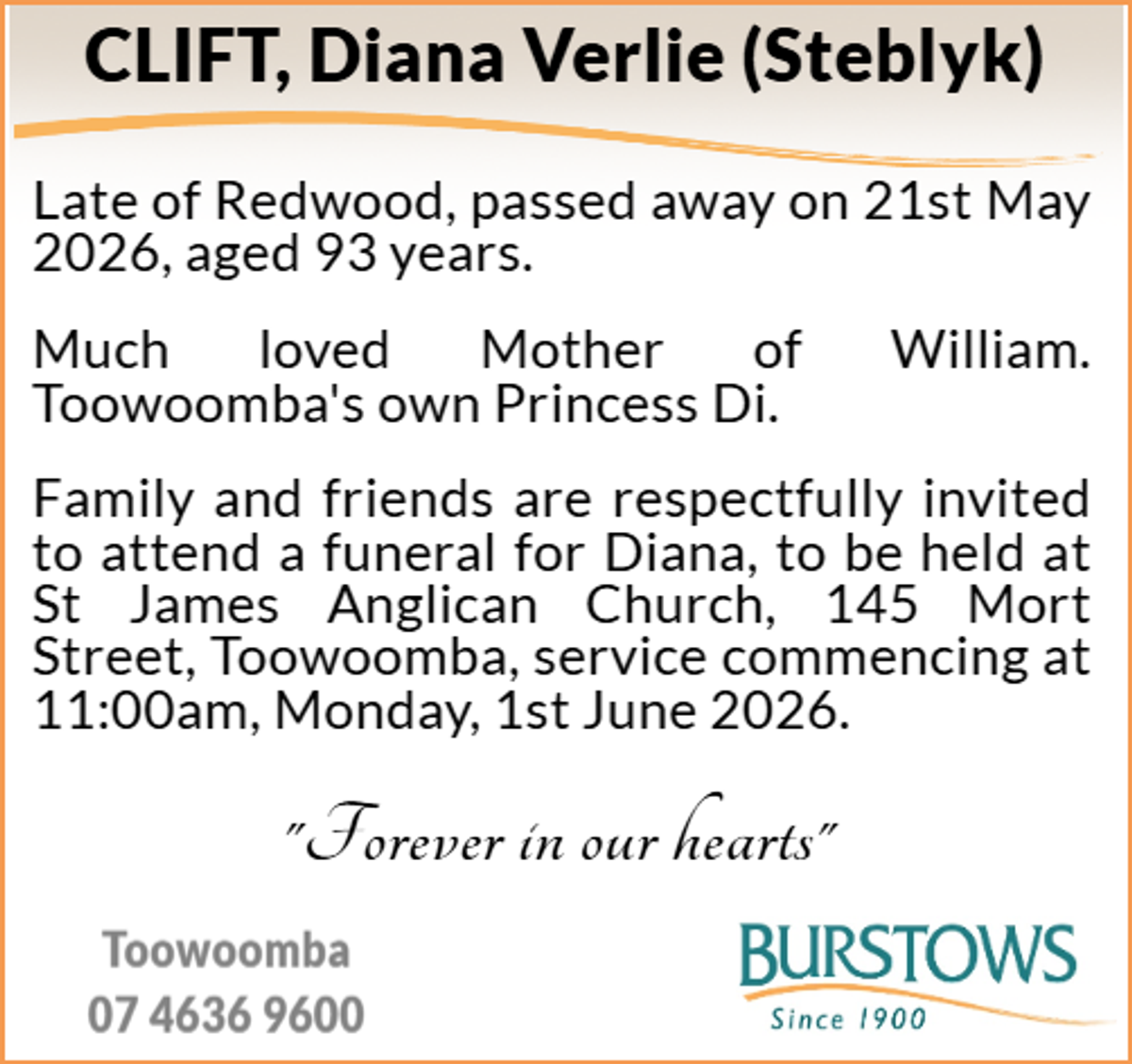 Funeral notice for Diana Verlie Clift