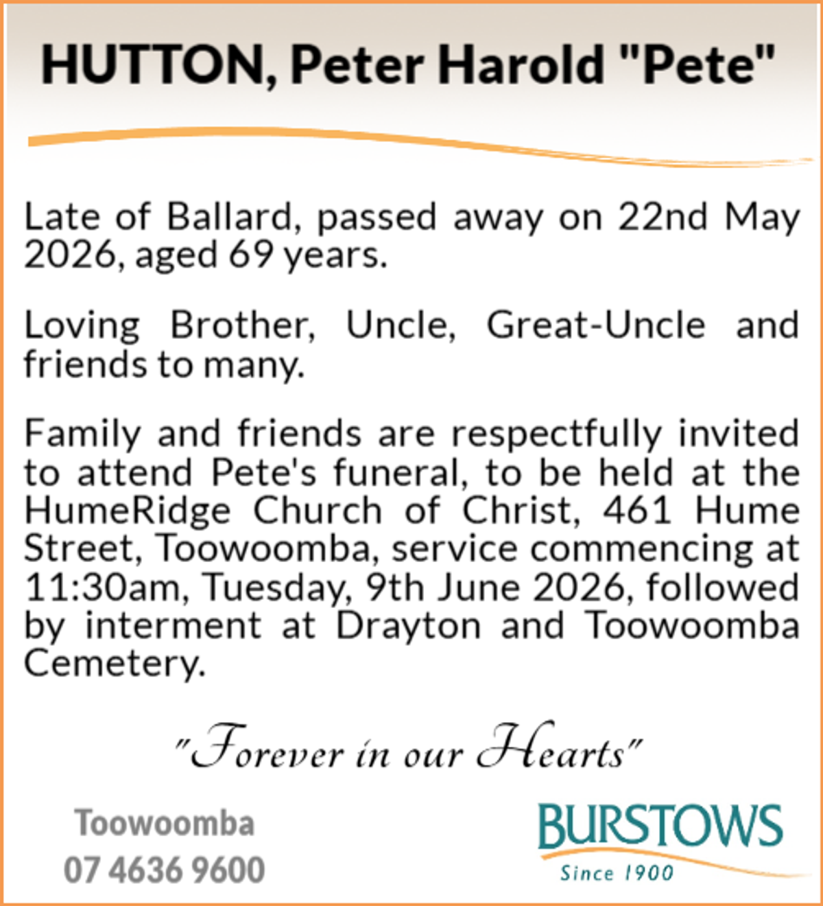 Funeral notice for Peter Harold Hutton