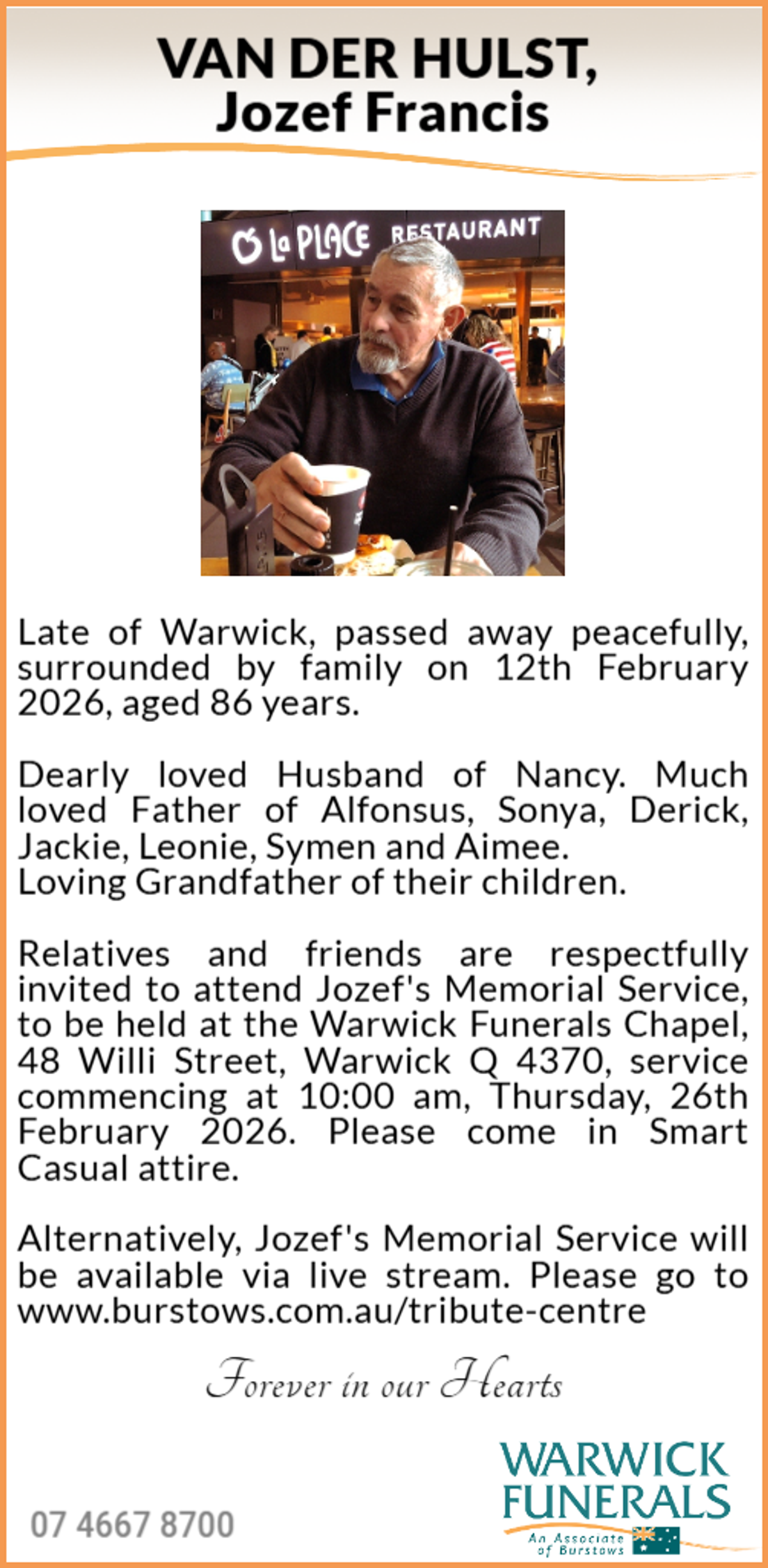 Funeral notice for Jozef Francis Van Der Hulst