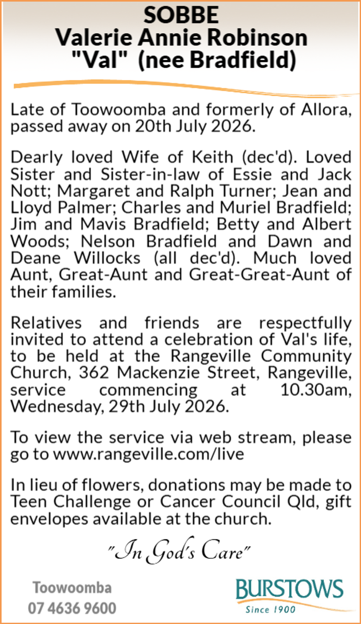 Funeral notice for Valerie Annie Robinson Sobbe