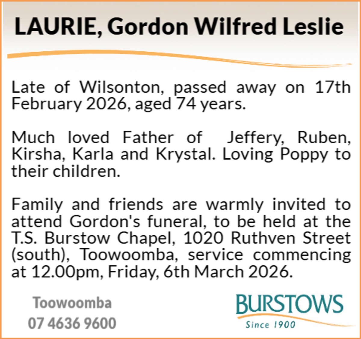 Funeral notice for Gordon Wilfred Leslie Laurie