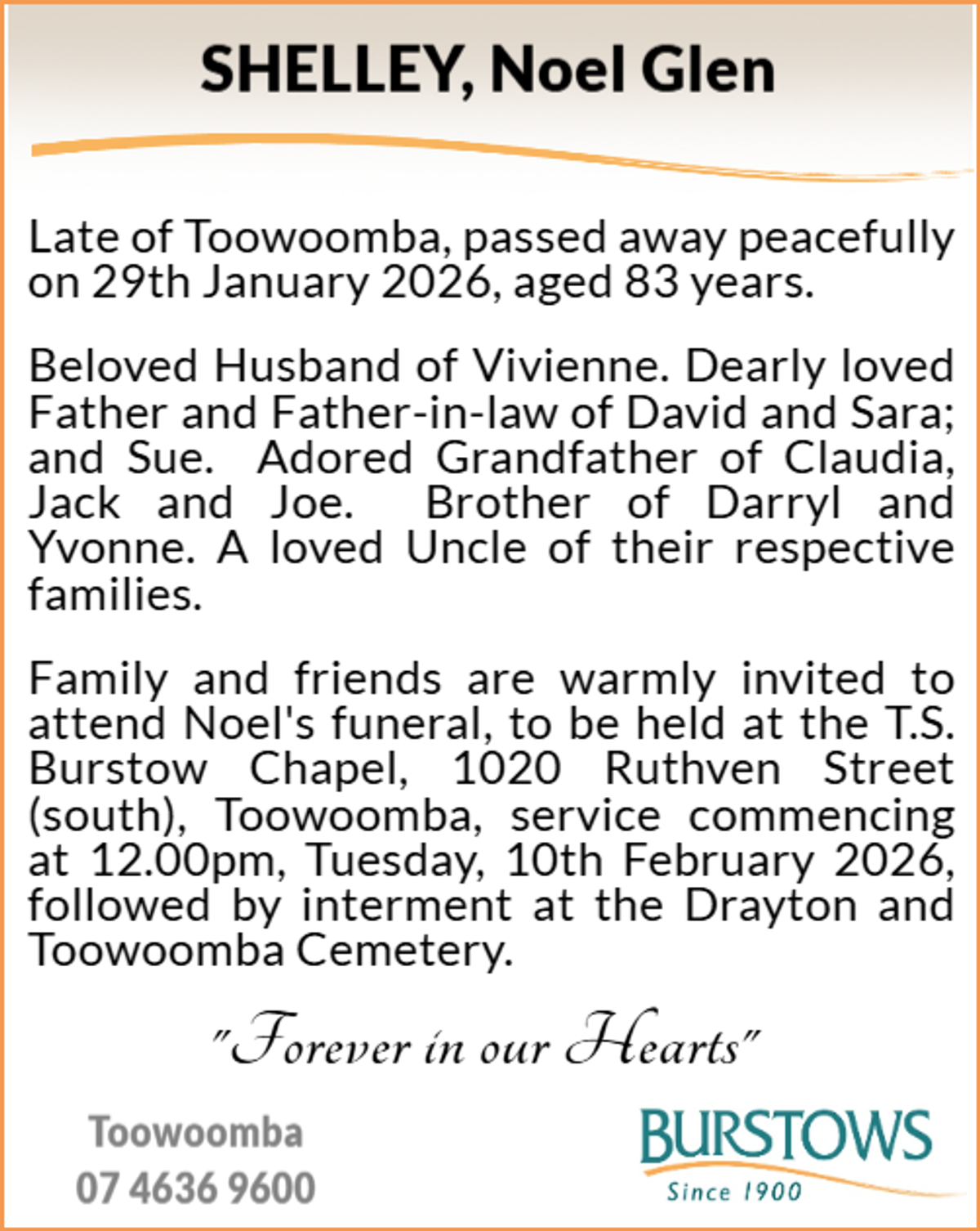 Funeral notice for Noel Glen Shelley