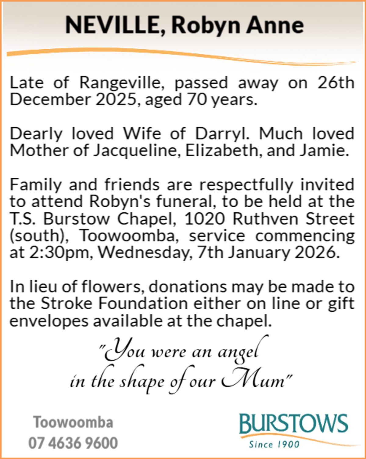 Funeral notice for Robyn Anne Neville