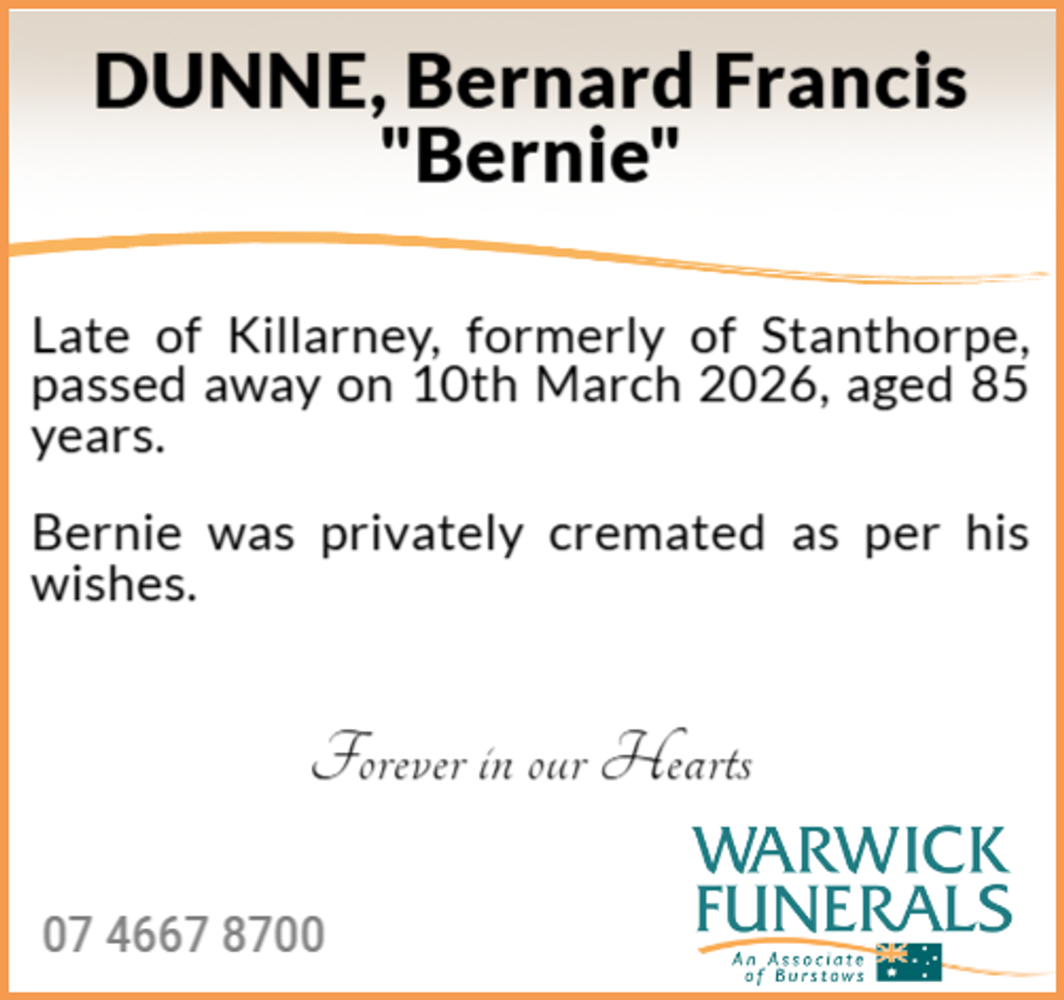 Funeral notice for Bernard Francis Dunne