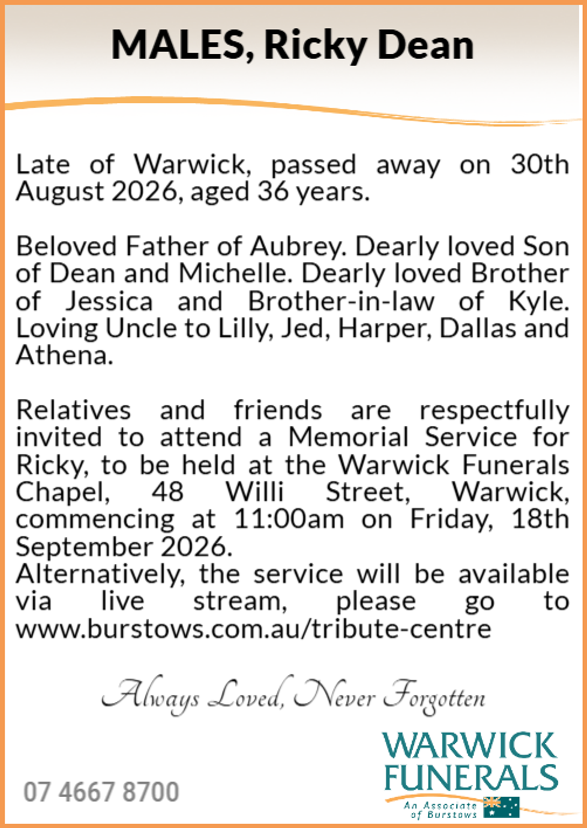 Funeral notice for Ricky Dean Males