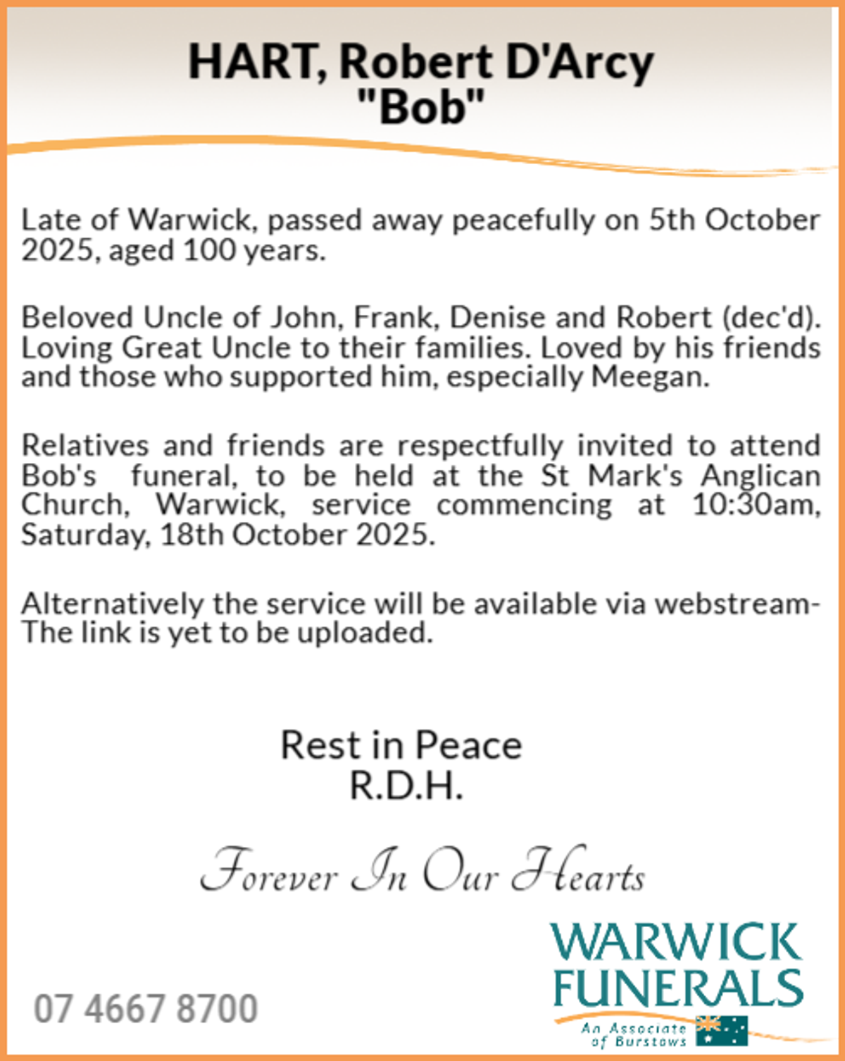 Funeral notice for Robert D'Arcy Hart