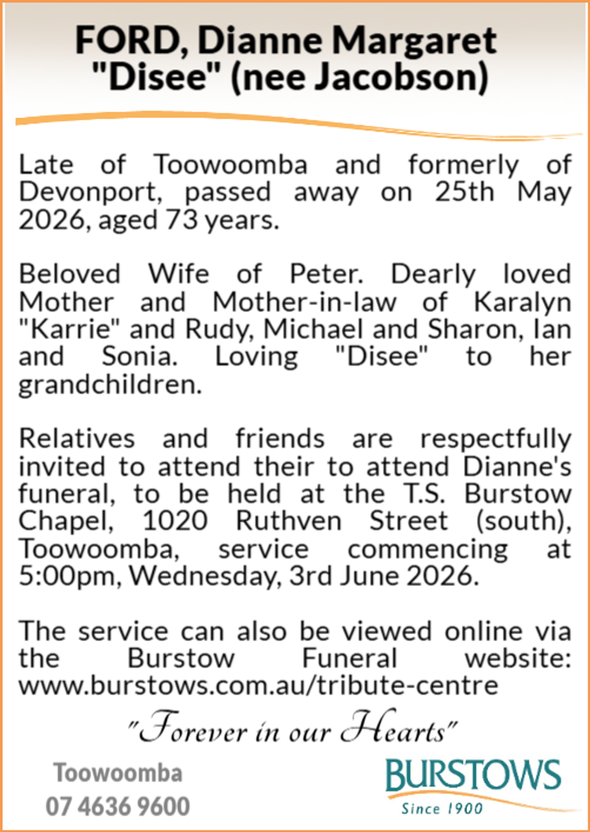 Funeral notice for Dianne Margaret Ford