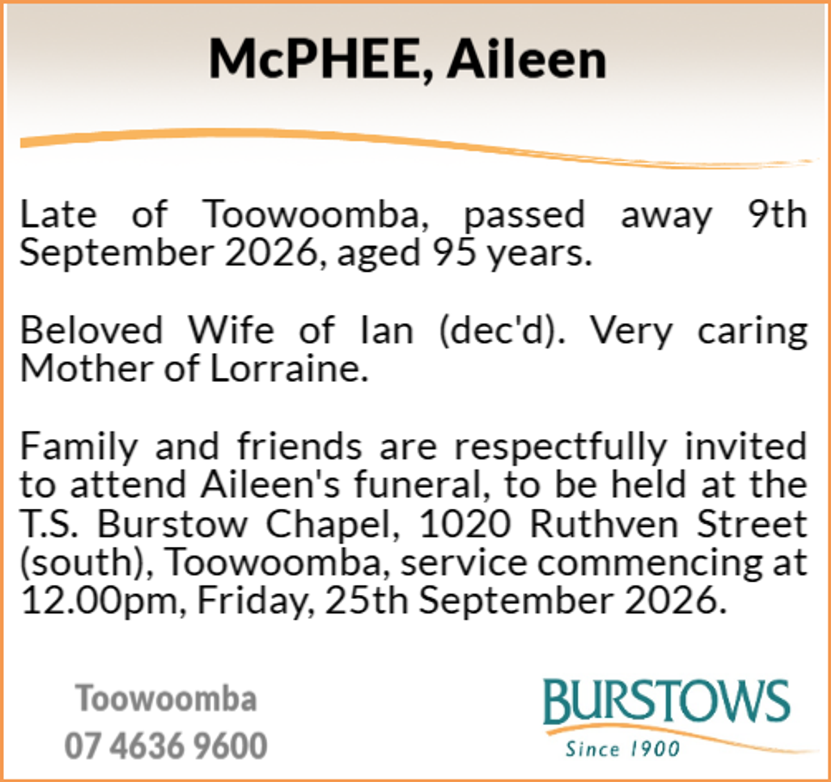 Funeral notice for Aileen Margaret McPhee