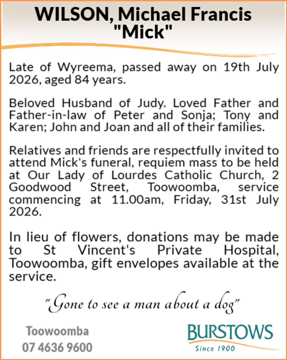 Funeral notice for Michael Francis Wilson