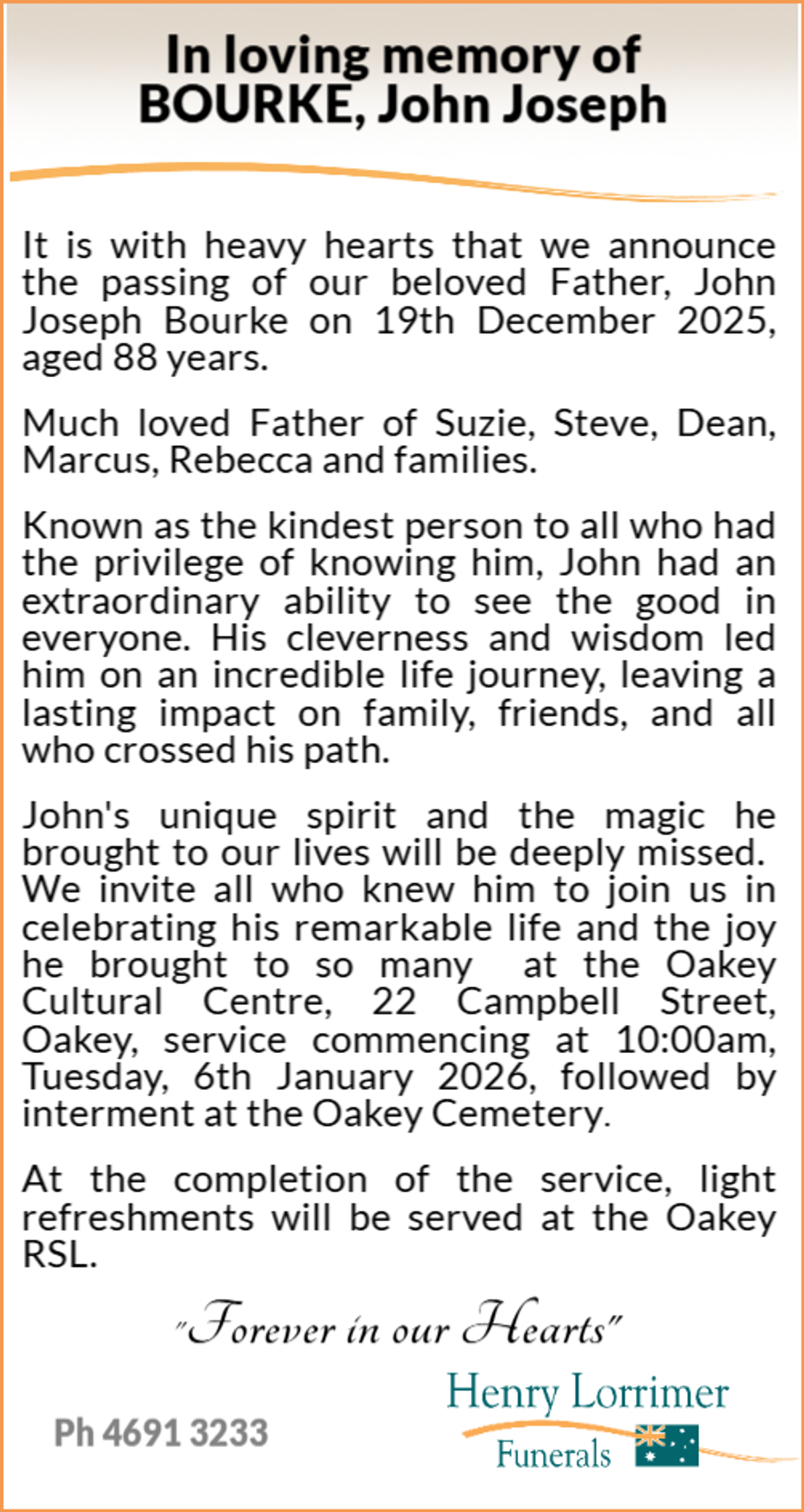 Funeral notice for John Joseph Bourke
