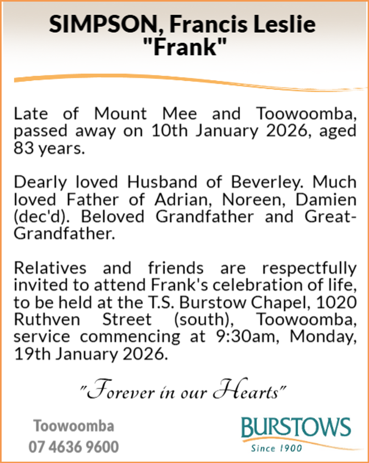 Funeral notice for Francis Leslie Simpson