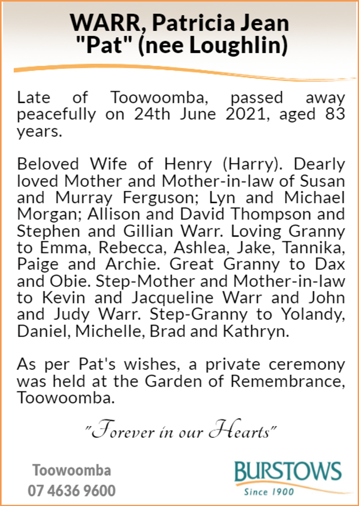 Funeral notice for Patricia Jean Warr